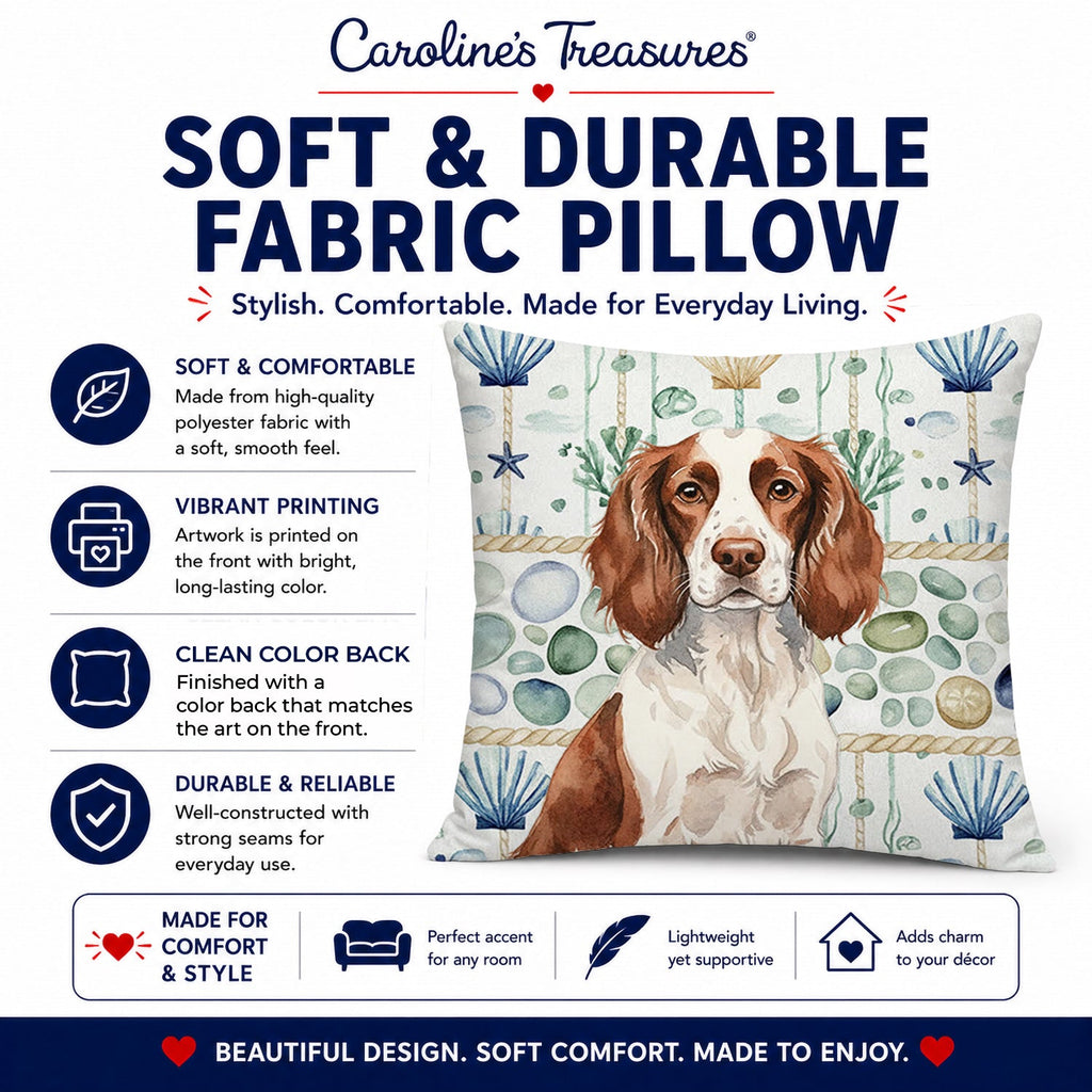 Liver and White English Springer Spaniel Coastal Sea Glass Decorative Throw Pillow 18x18 Indoor Outdoor Accent Cushion, Fabric Cover with Insert for Sofa, Bed, Porch & Living Room