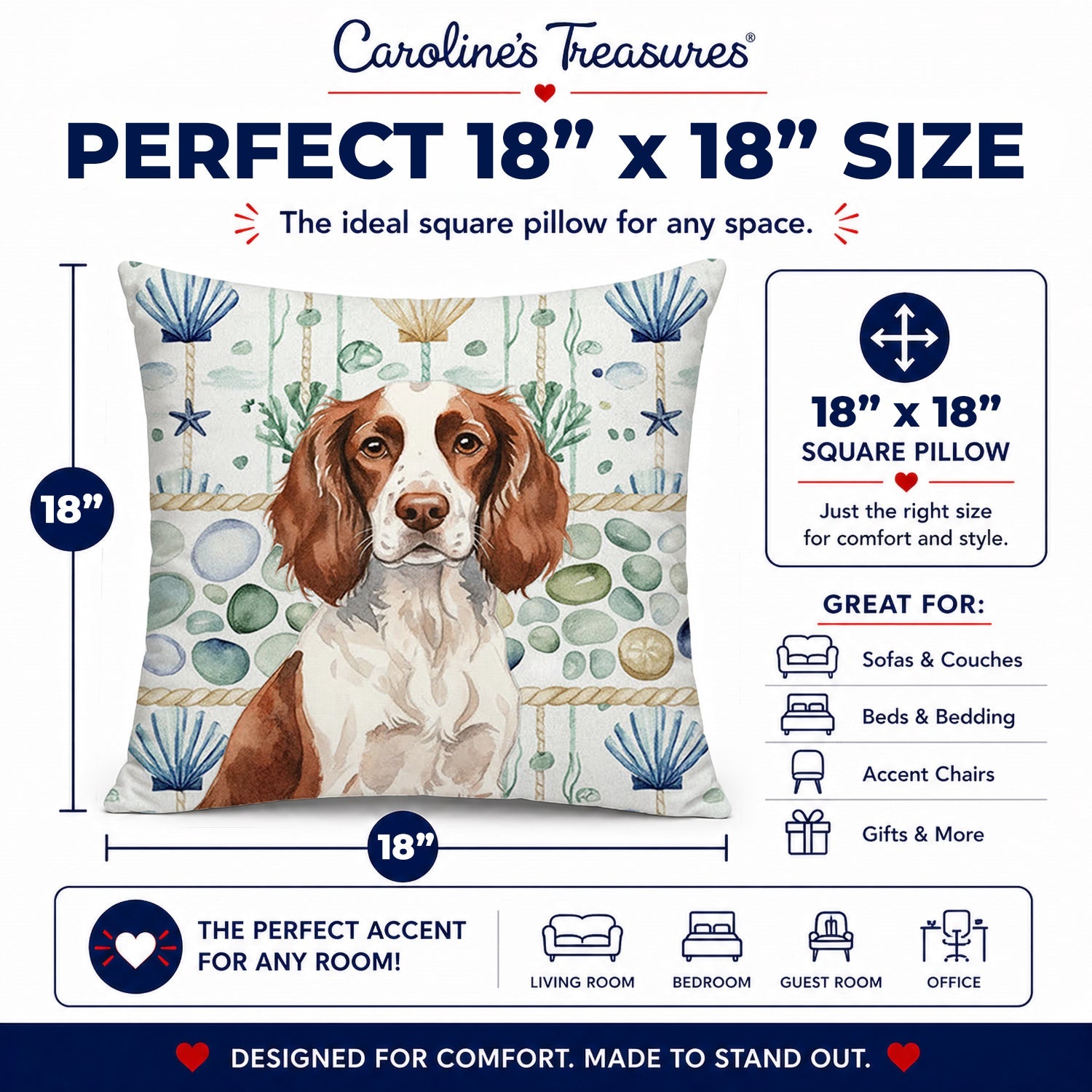 Liver and White English Springer Spaniel Coastal Sea Glass Decorative Throw Pillow 18x18 Indoor Outdoor Accent Cushion, Fabric Cover with Insert for Sofa, Bed, Porch & Living Room