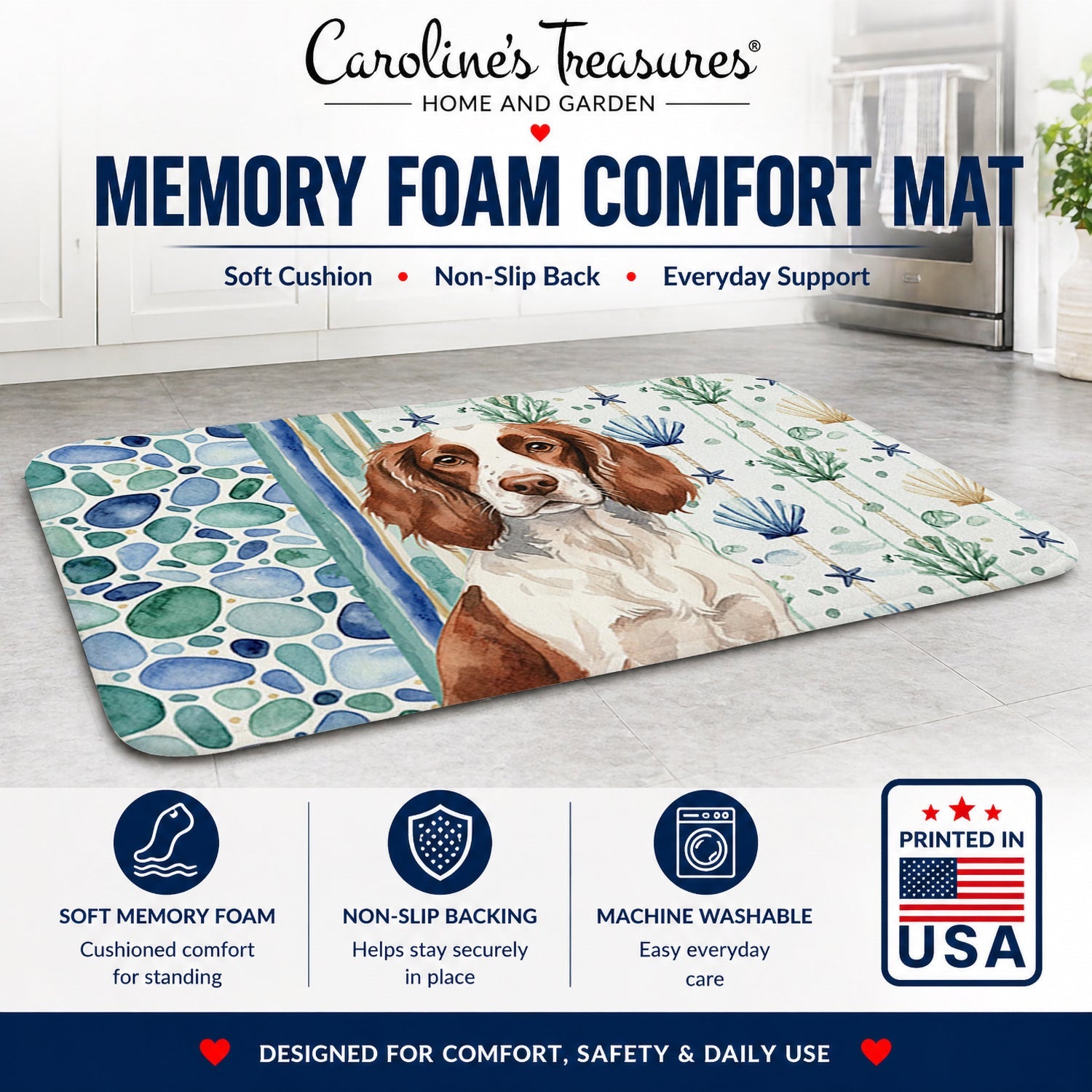 Liver and White English Springer Spaniel Coastal Sea Glass Memory Foam Kitchen Mat Machine Washable Anti-Fatigue Cushion Comfort Bath or Kitchen Rug