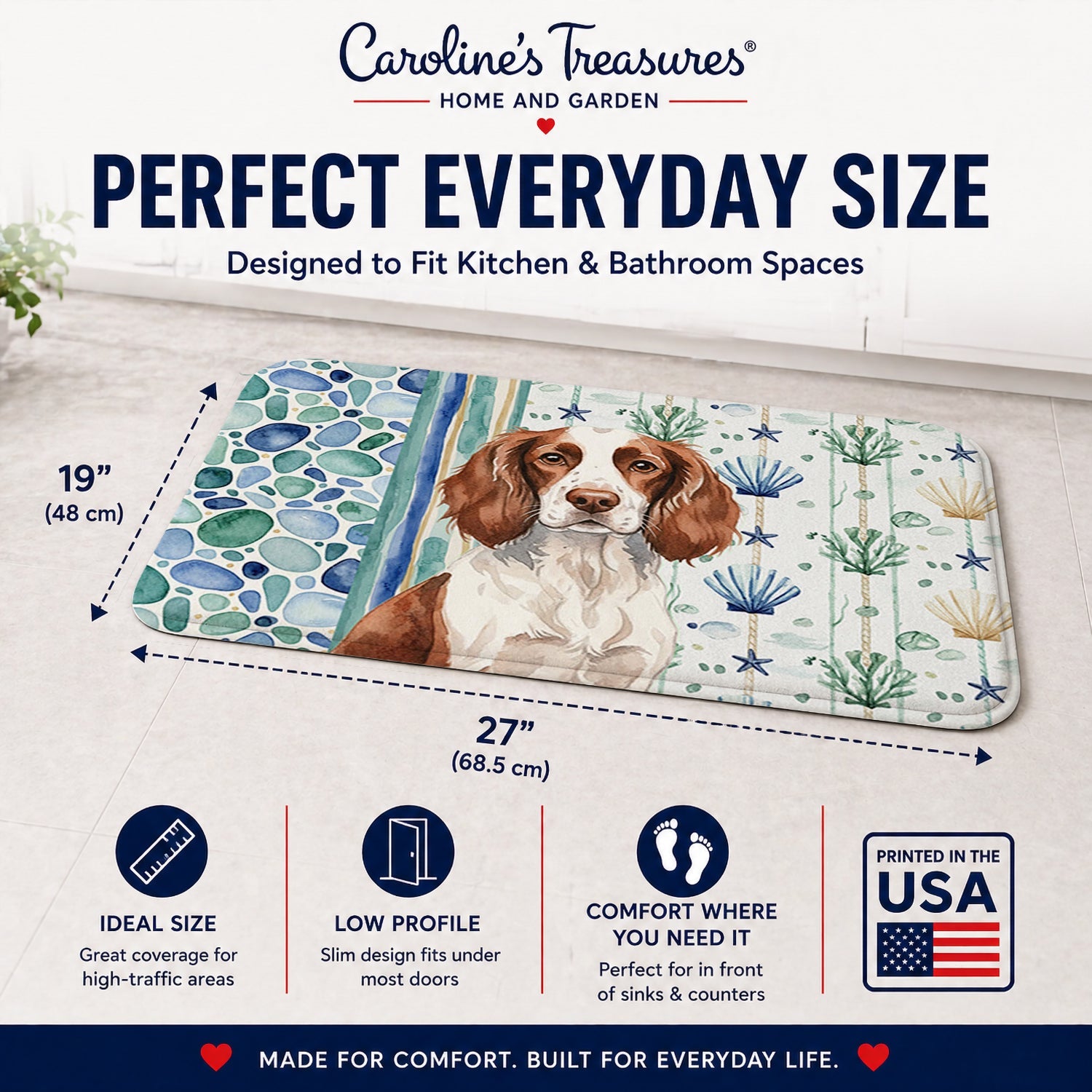 Liver and White English Springer Spaniel Coastal Sea Glass Memory Foam Kitchen Mat Machine Washable Anti-Fatigue Cushion Comfort Bath or Kitchen Rug