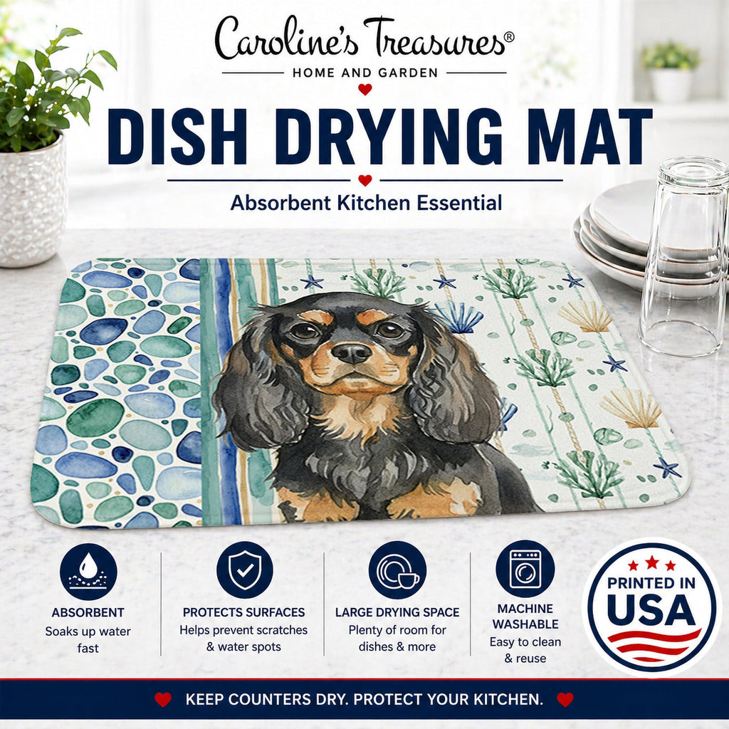 Black and Tan English Toy Spaniel Coastal Sea Glass Dish Drying Mat Absorbent Dish Drying Mat Pad for Kitchen Counter Dish Drainer Mat for Countertop, 14 x 21", Multicolor