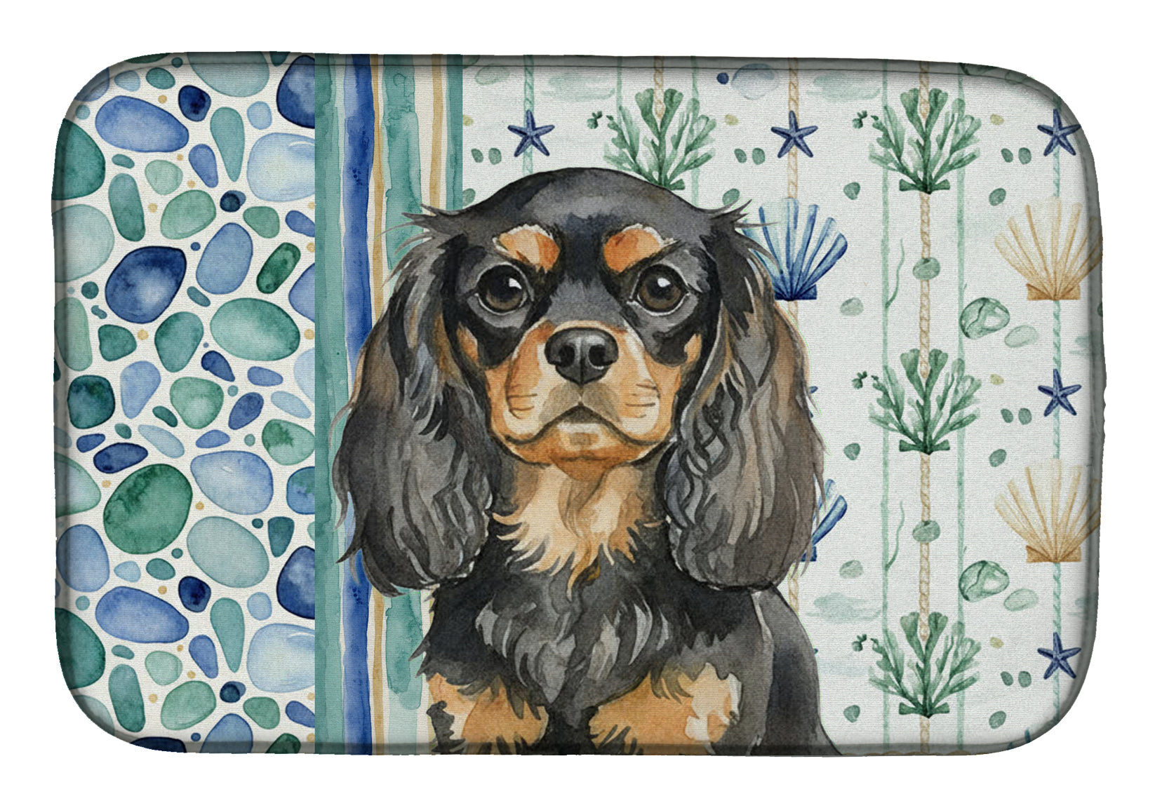 Black and Tan English Toy Spaniel Coastal Sea Glass Dish Drying Mat Absorbent Dish Drying Mat Pad for Kitchen Counter Dish Drainer Mat for Countertop, 14 x 21", Multicolor
