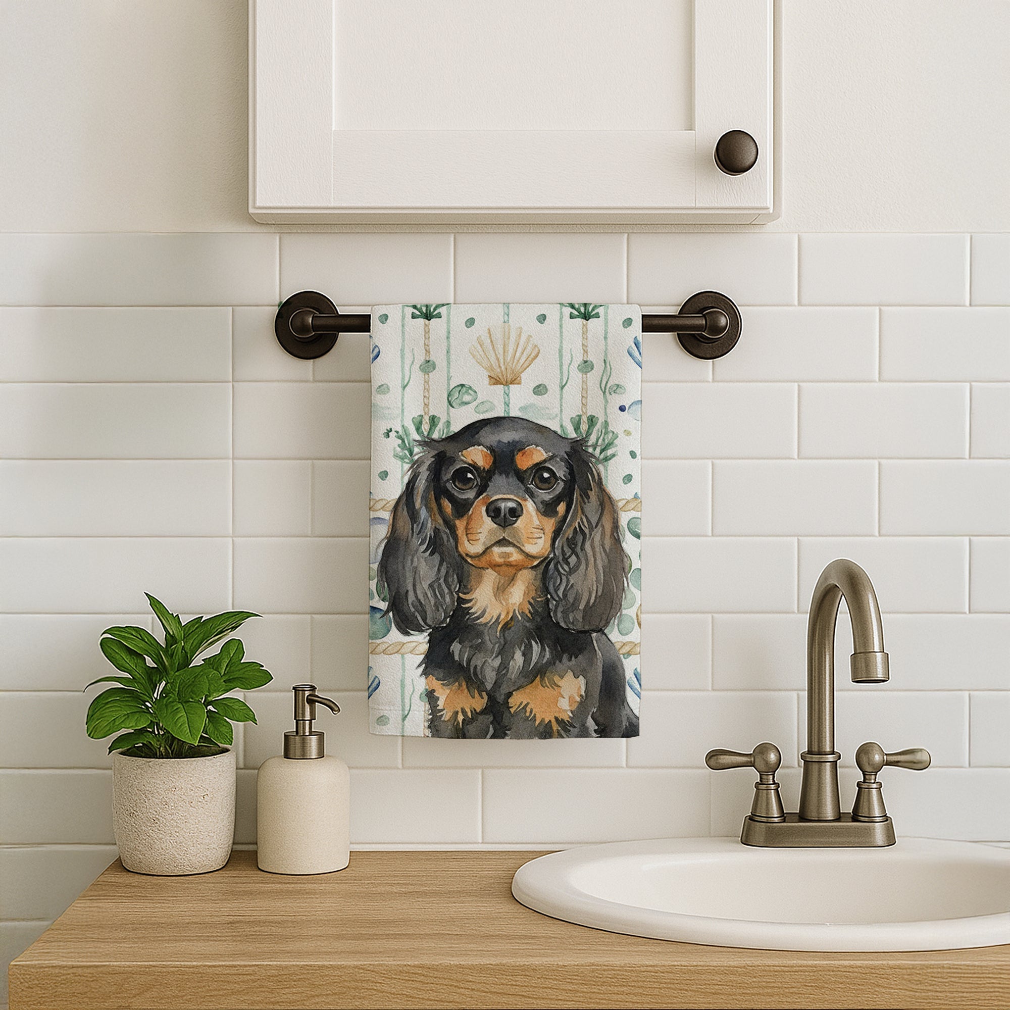 Black and Tan English Toy Spaniel Coastal Sea Glass Kitchen Towel Velour Plush Front and Cotton Loop Back Machine Washable