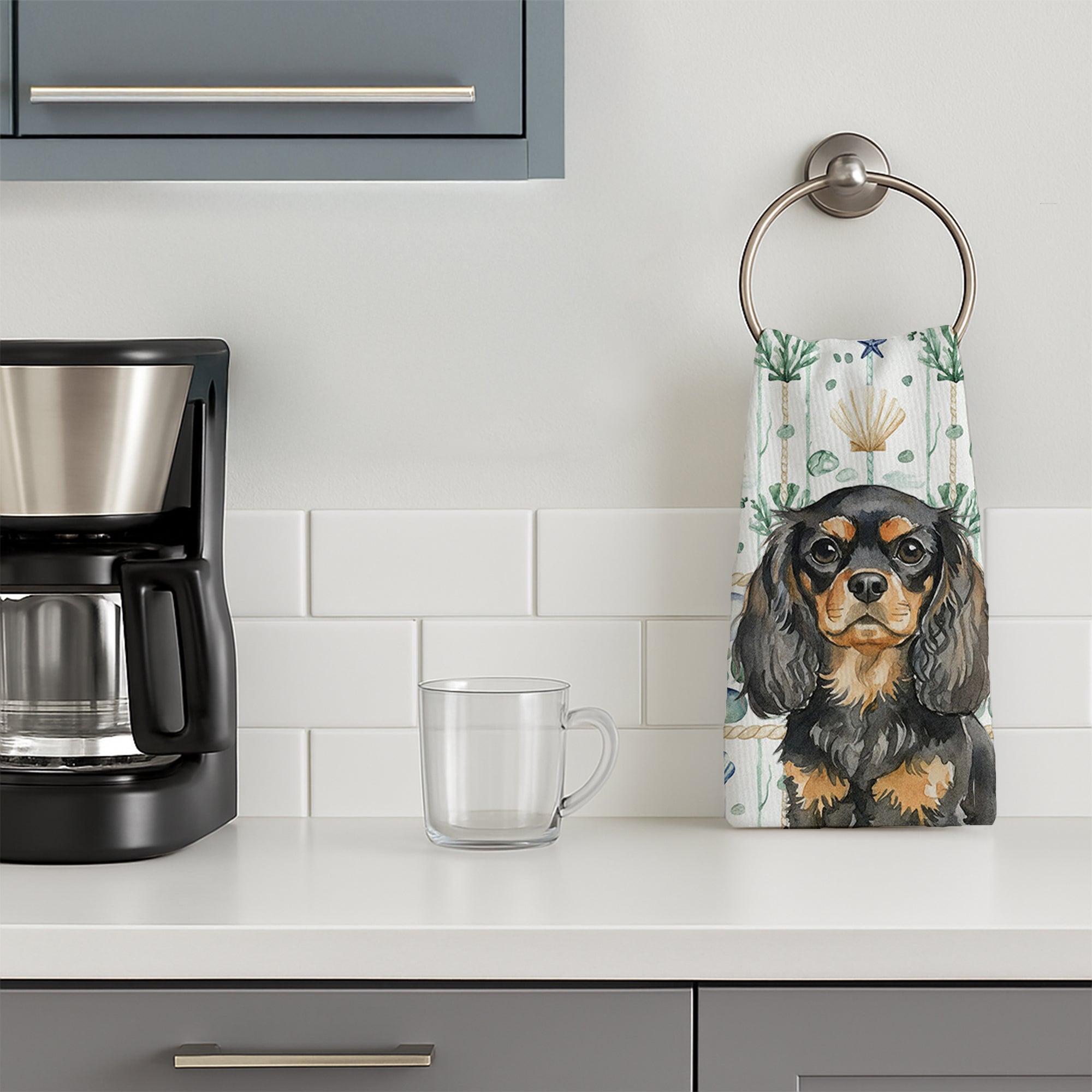 Black and Tan English Toy Spaniel Coastal Sea Glass Kitchen Towel Velour Plush Front and Cotton Loop Back Machine Washable
