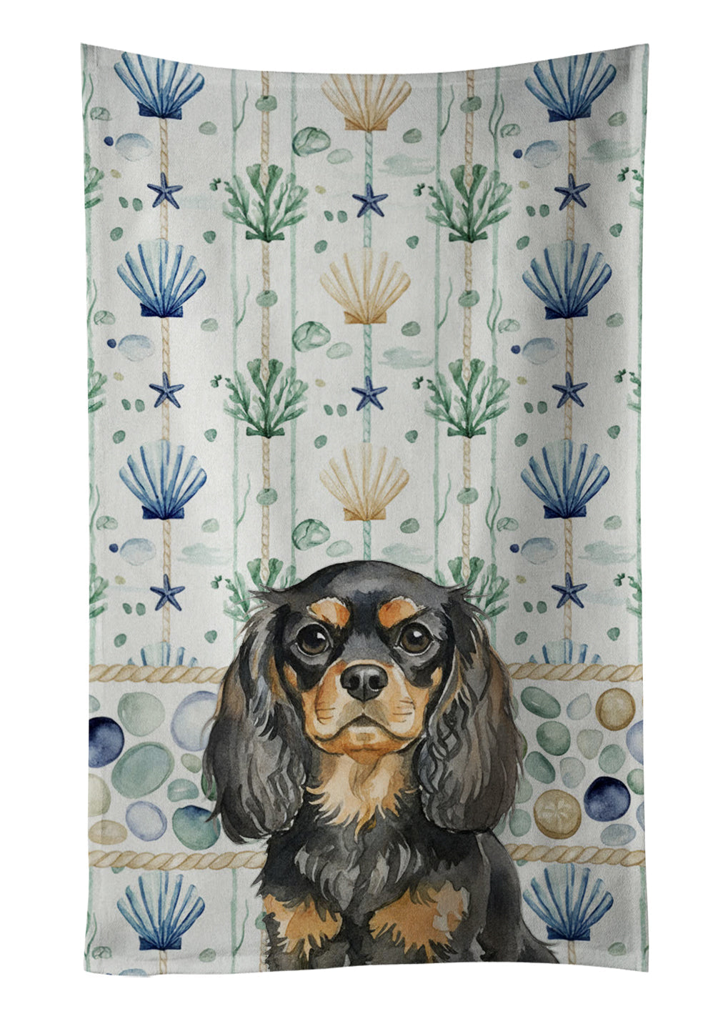 Black and Tan English Toy Spaniel Coastal Sea Glass Kitchen Towel Velour Plush Front and Cotton Loop Back Machine Washable