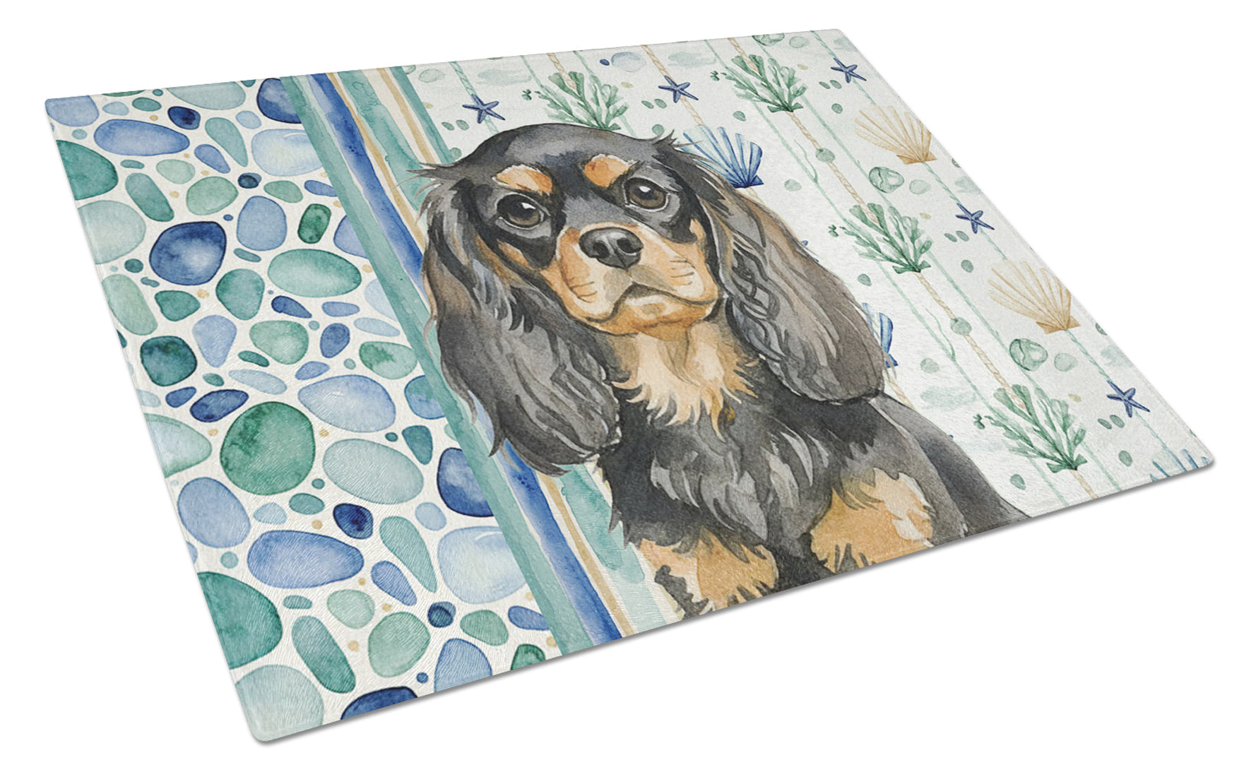Black and Tan English Toy Spaniel Coastal Sea Glass Cutting Board Tempered Glass Kitchen Cutting Surface, Heat Resistant Chopping, Non-Slip Feet, Food Prep & Serving