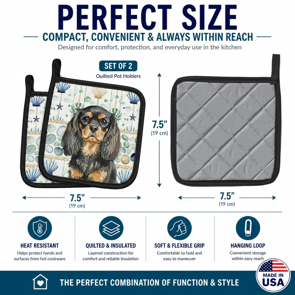 Black and Tan English Toy Spaniel Coastal Sea Glass Pot Holder Set of 2 Heat Resistant Quilted Hot Pads 7.5 x 7.5 Inch, Insulated Kitchen Trivets for Cooking & Baking