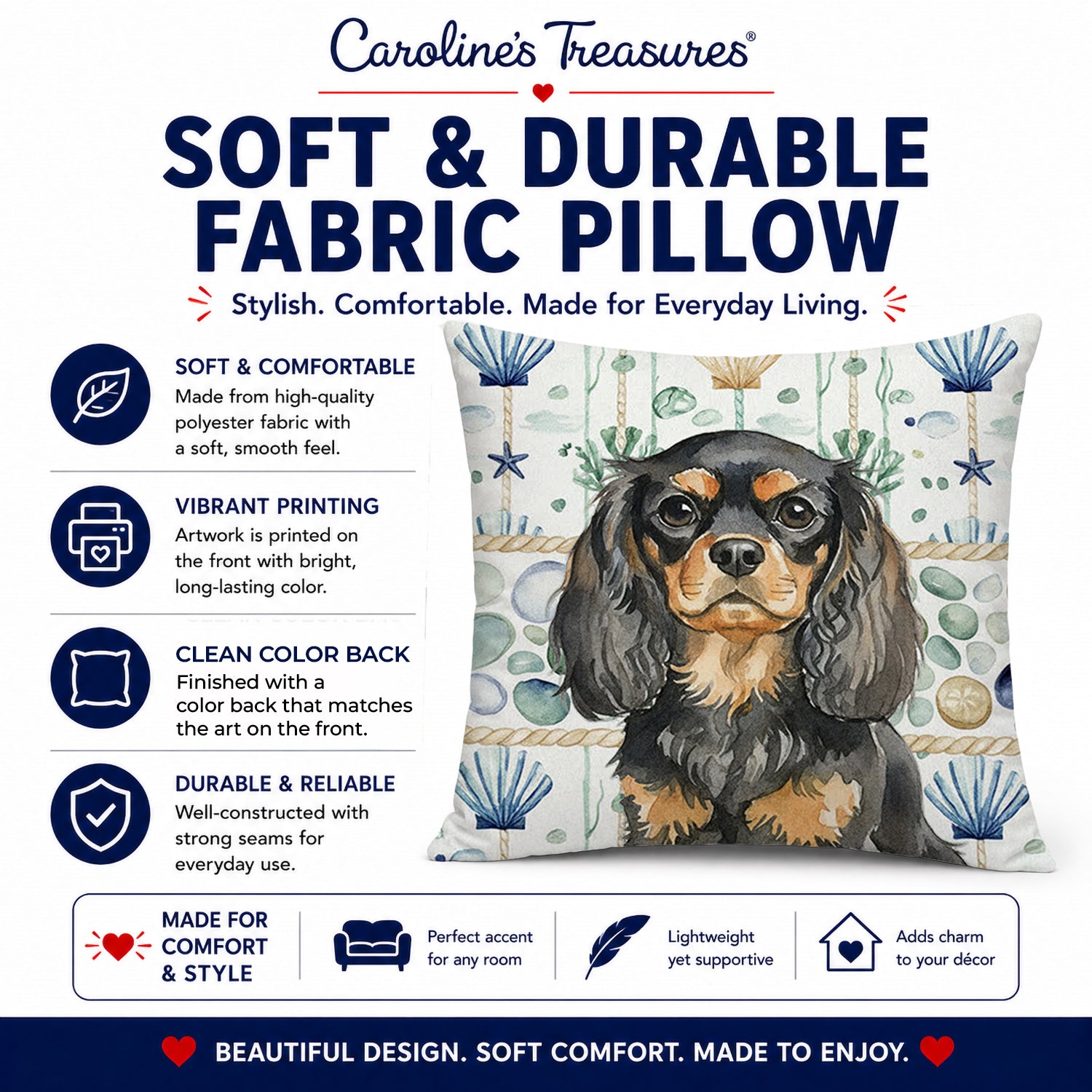 Black and Tan English Toy Spaniel Coastal Sea Glass Decorative Throw Pillow 14x14 Indoor Outdoor Accent Cushion, Fabric Cover with Insert for Sofa, Bed, Porch & Living Room