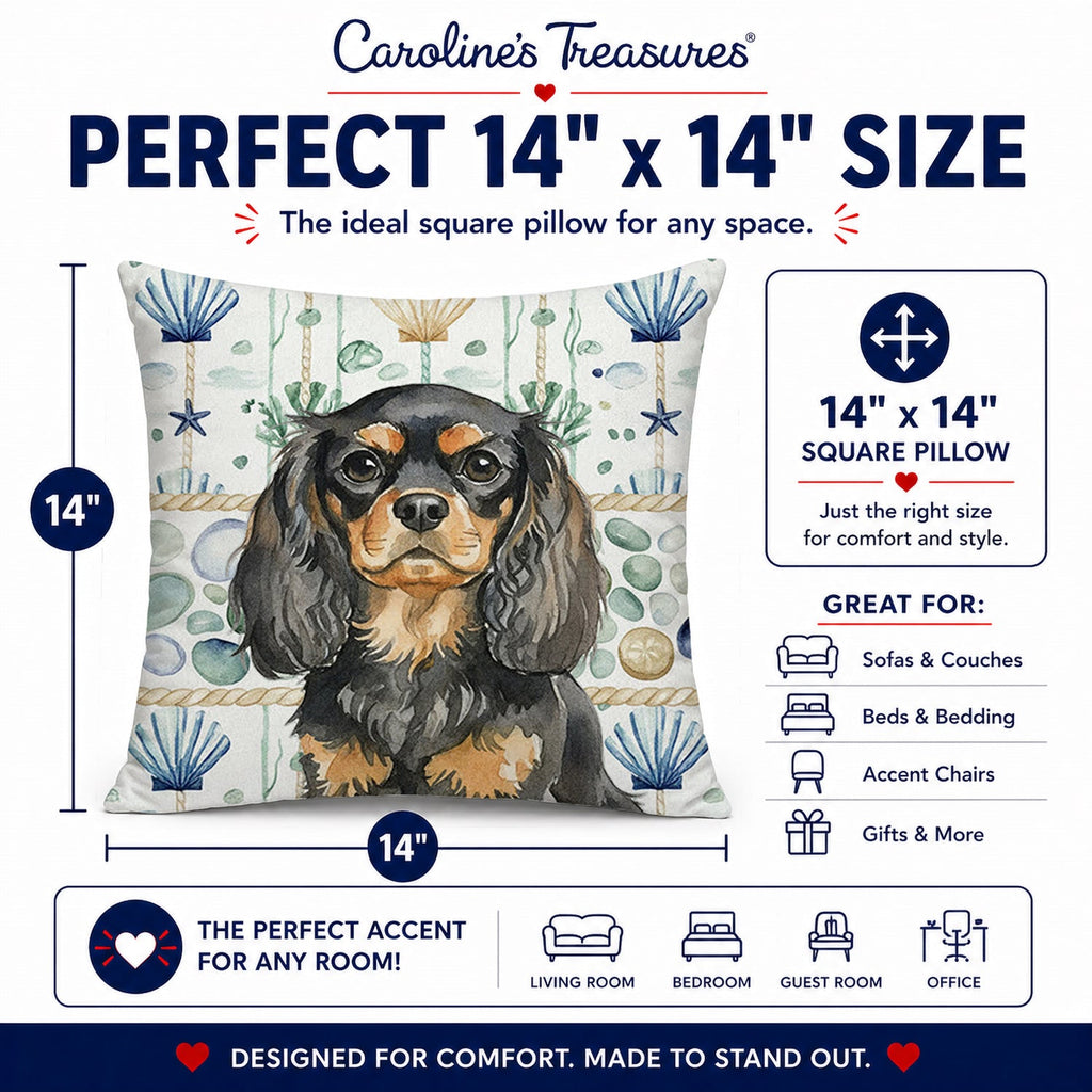 Black and Tan English Toy Spaniel Coastal Sea Glass Decorative Throw Pillow 14x14 Indoor Outdoor Accent Cushion, Fabric Cover with Insert for Sofa, Bed, Porch & Living Room