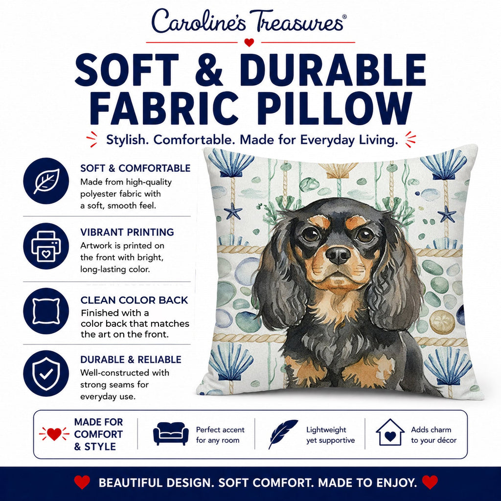 Black and Tan English Toy Spaniel Coastal Sea Glass Decorative Throw Pillow 18x18 Indoor Outdoor Accent Cushion, Fabric Cover with Insert for Sofa, Bed, Porch & Living Room