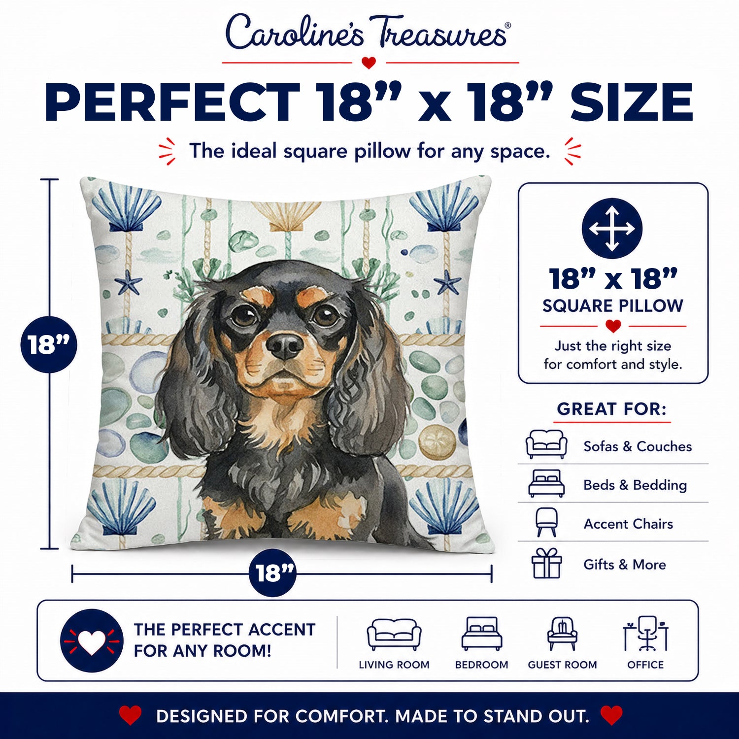 Black and Tan English Toy Spaniel Coastal Sea Glass Decorative Throw Pillow 18x18 Indoor Outdoor Accent Cushion, Fabric Cover with Insert for Sofa, Bed, Porch & Living Room