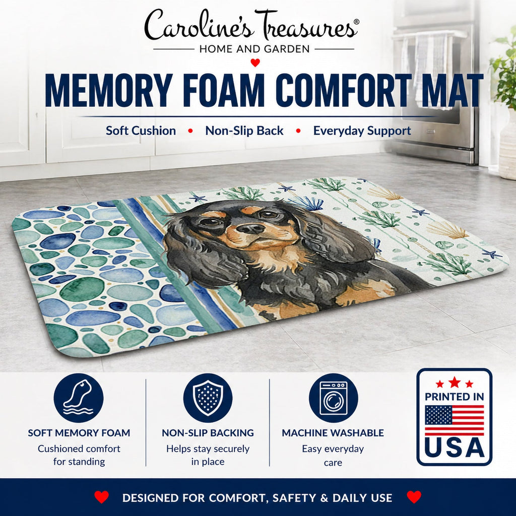 Black and Tan English Toy Spaniel Coastal Sea Glass Memory Foam Kitchen Mat Machine Washable Anti-Fatigue Cushion Comfort Bath or Kitchen Rug