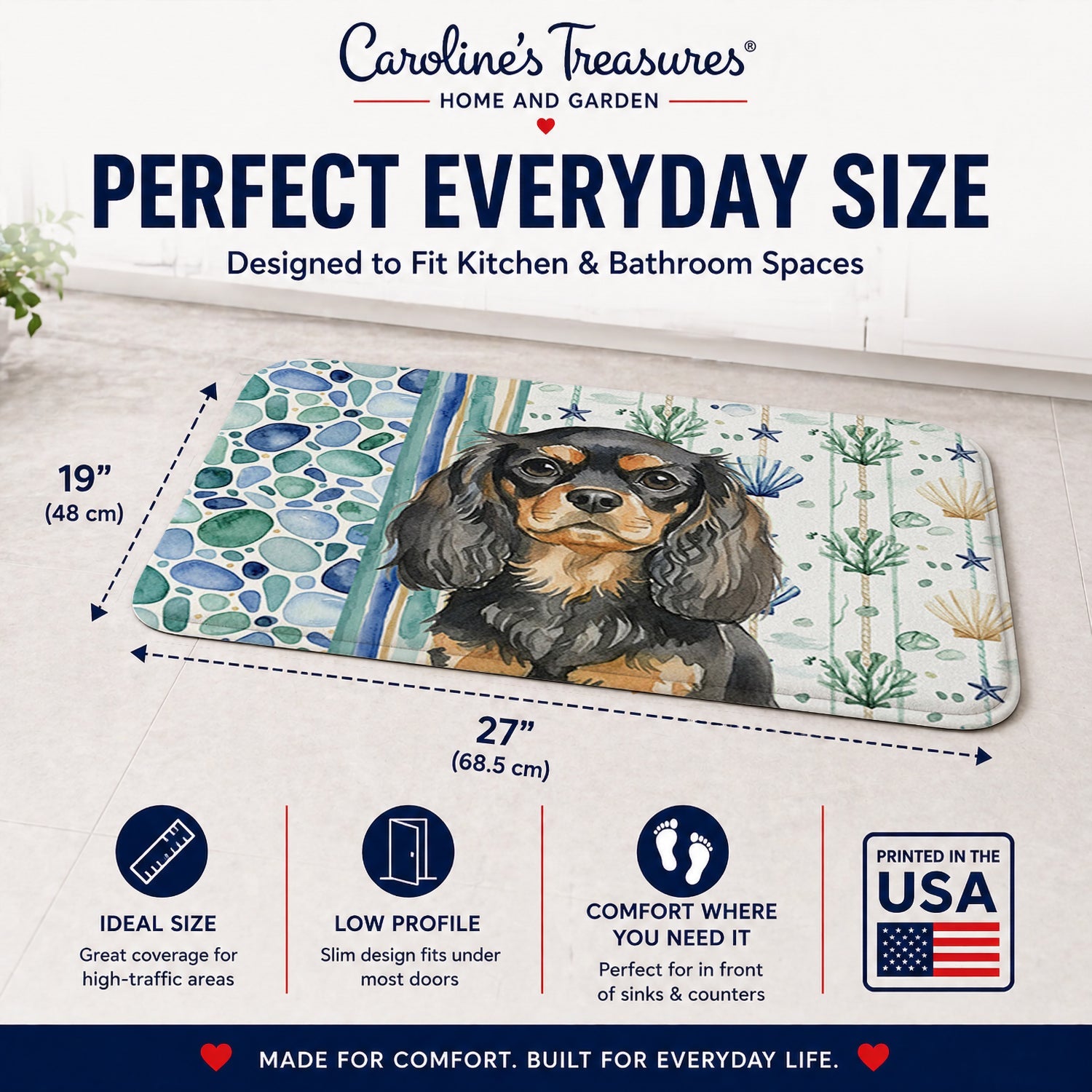 Black and Tan English Toy Spaniel Coastal Sea Glass Memory Foam Kitchen Mat Machine Washable Anti-Fatigue Cushion Comfort Bath or Kitchen Rug