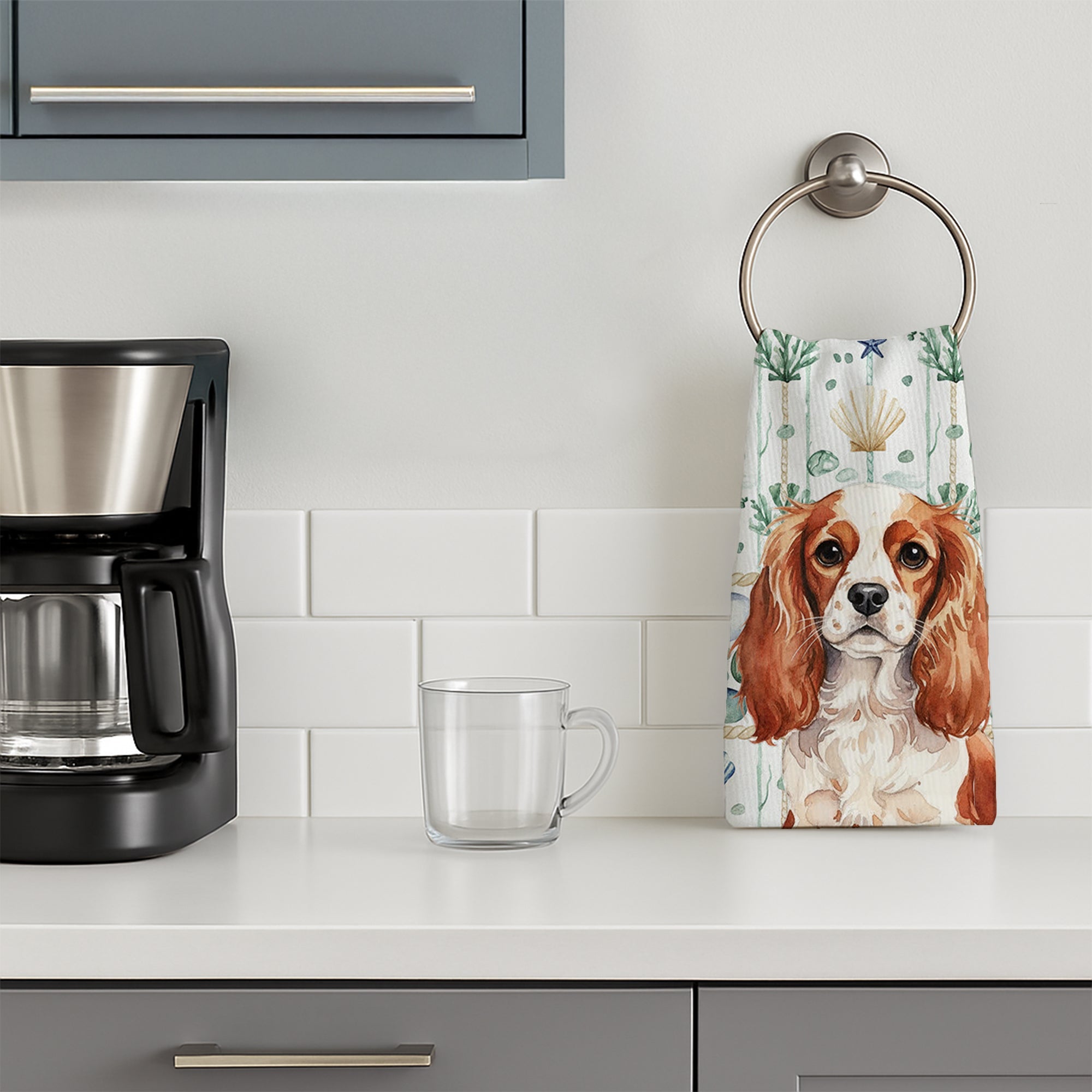 Blenheim English Toy Spaniel Coastal Sea Glass Kitchen Towel Velour Plush Front and Cotton Loop Back Machine Washable
