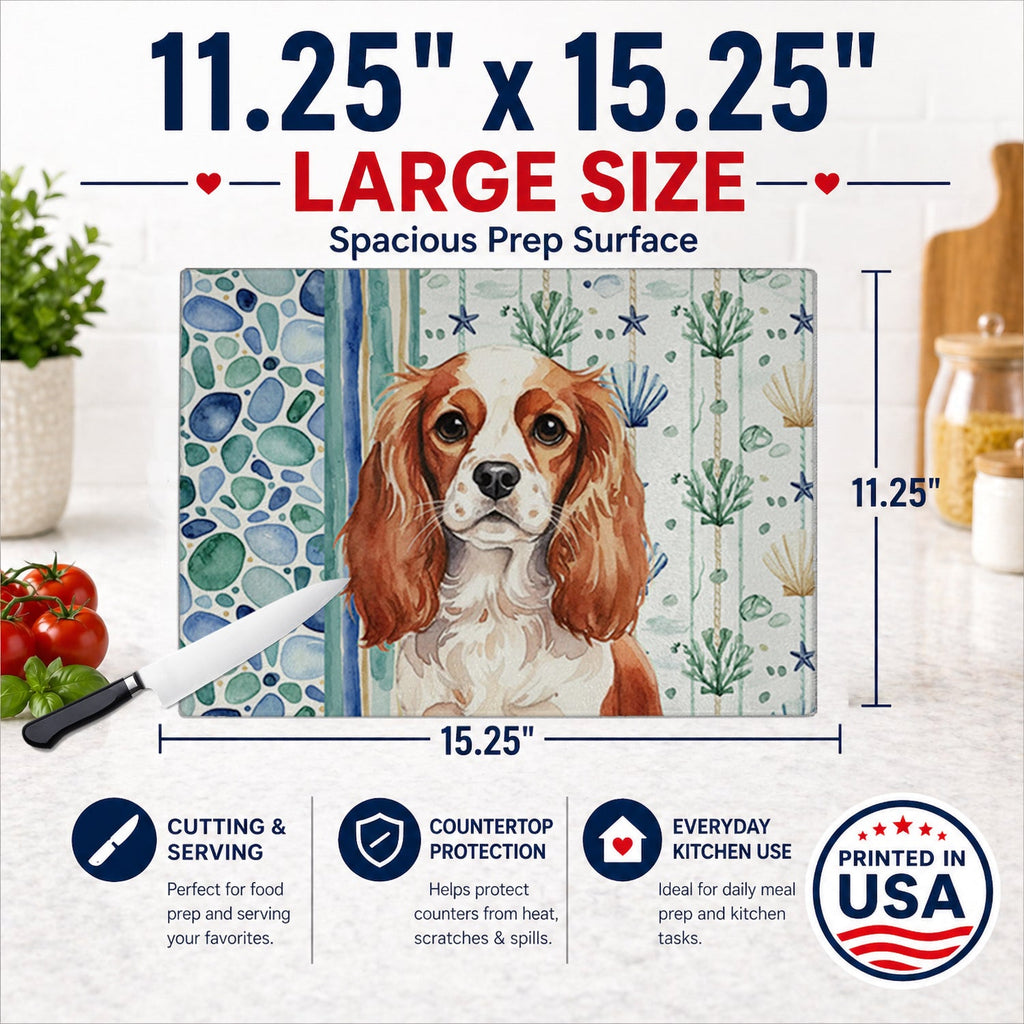 Blenheim English Toy Spaniel Coastal Sea Glass Cutting Board Tempered Glass Kitchen Cutting Surface, Heat Resistant Chopping, Non-Slip Feet, Food Prep & Serving