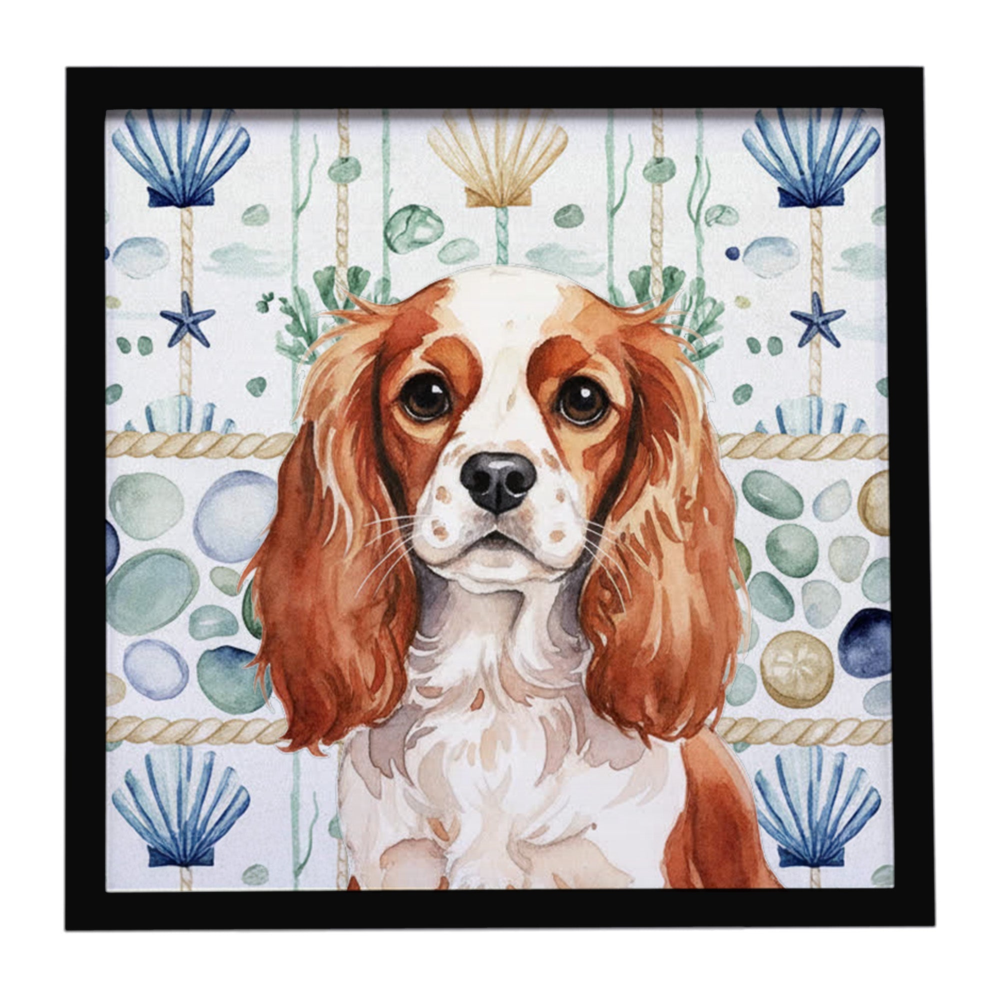 Blenheim English Toy Spaniel Coastal Sea Glass Framed Metal Print Bathroom, Kitchen, Office, Home Decor Wall Art Ready to Hang, Square, 8X8