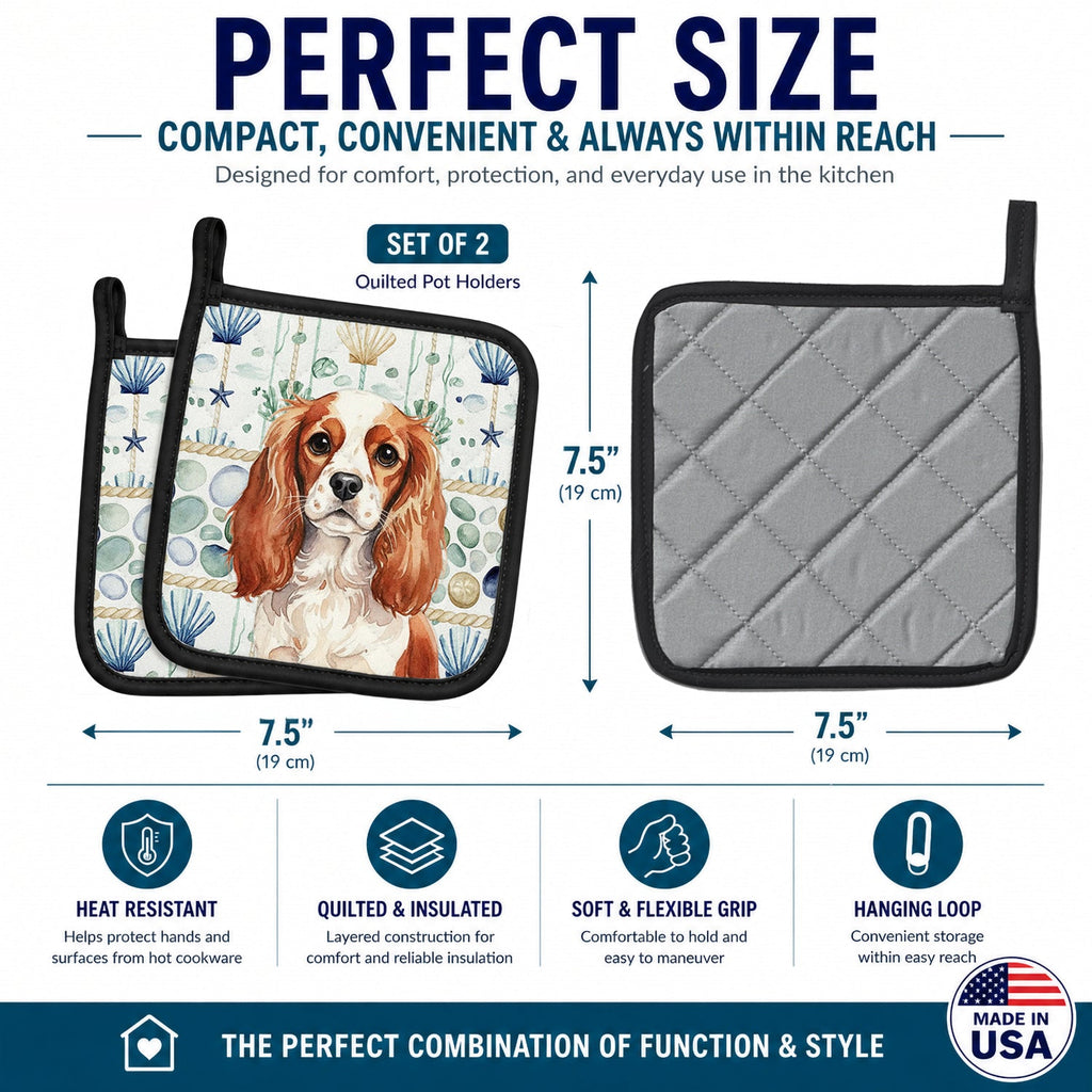 Blenheim English Toy Spaniel Coastal Sea Glass Pot Holder Set of 2 Heat Resistant Quilted Hot Pads 7.5 x 7.5 Inch, Insulated Kitchen Trivets for Cooking & Baking