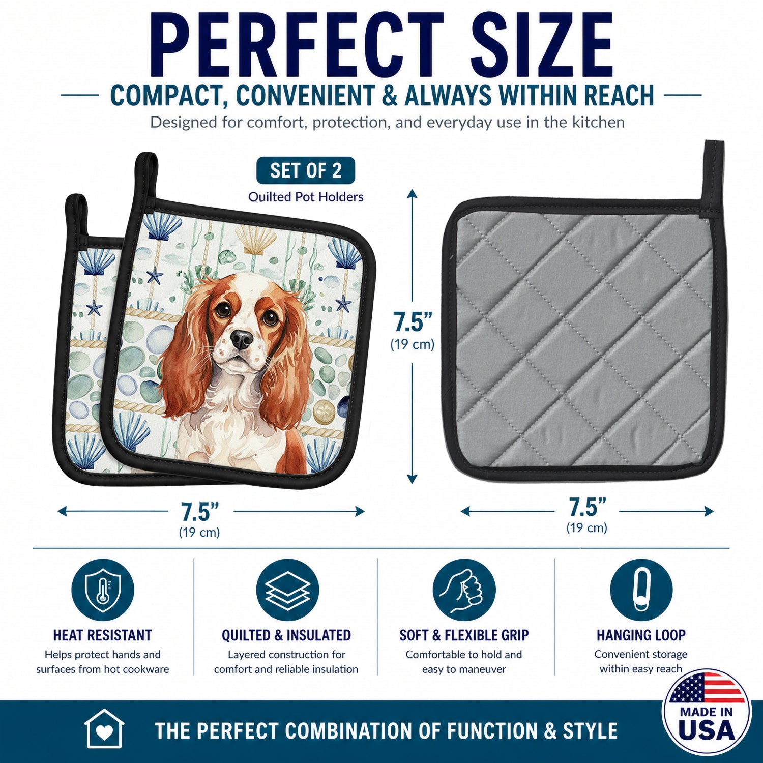 Blenheim English Toy Spaniel Coastal Sea Glass Pot Holder Set of 2 Heat Resistant Quilted Hot Pads 7.5 x 7.5 Inch, Insulated Kitchen Trivets for Cooking & Baking