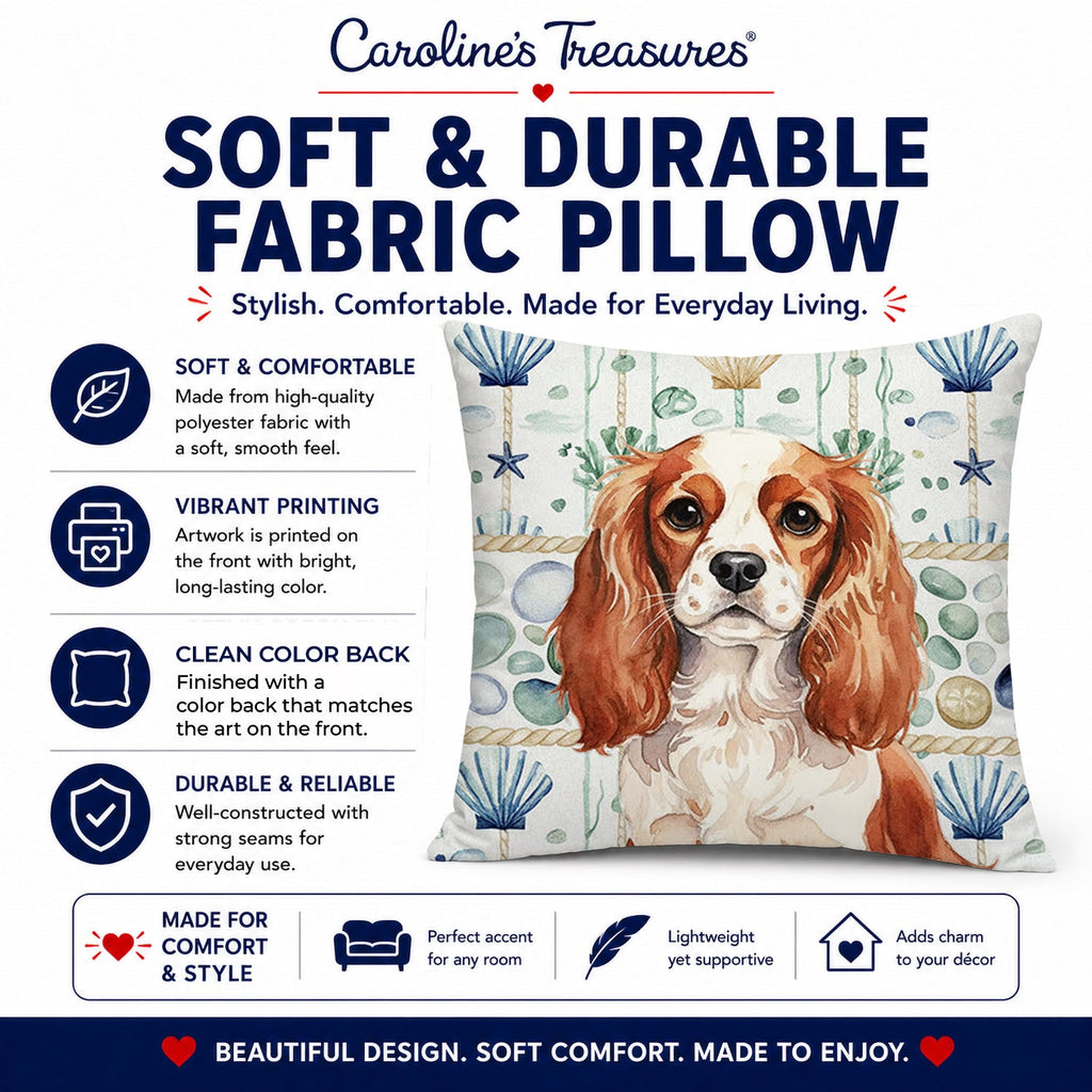 Blenheim English Toy Spaniel Coastal Sea Glass Decorative Throw Pillow 14x14 Indoor Outdoor Accent Cushion, Fabric Cover with Insert for Sofa, Bed, Porch & Living Room