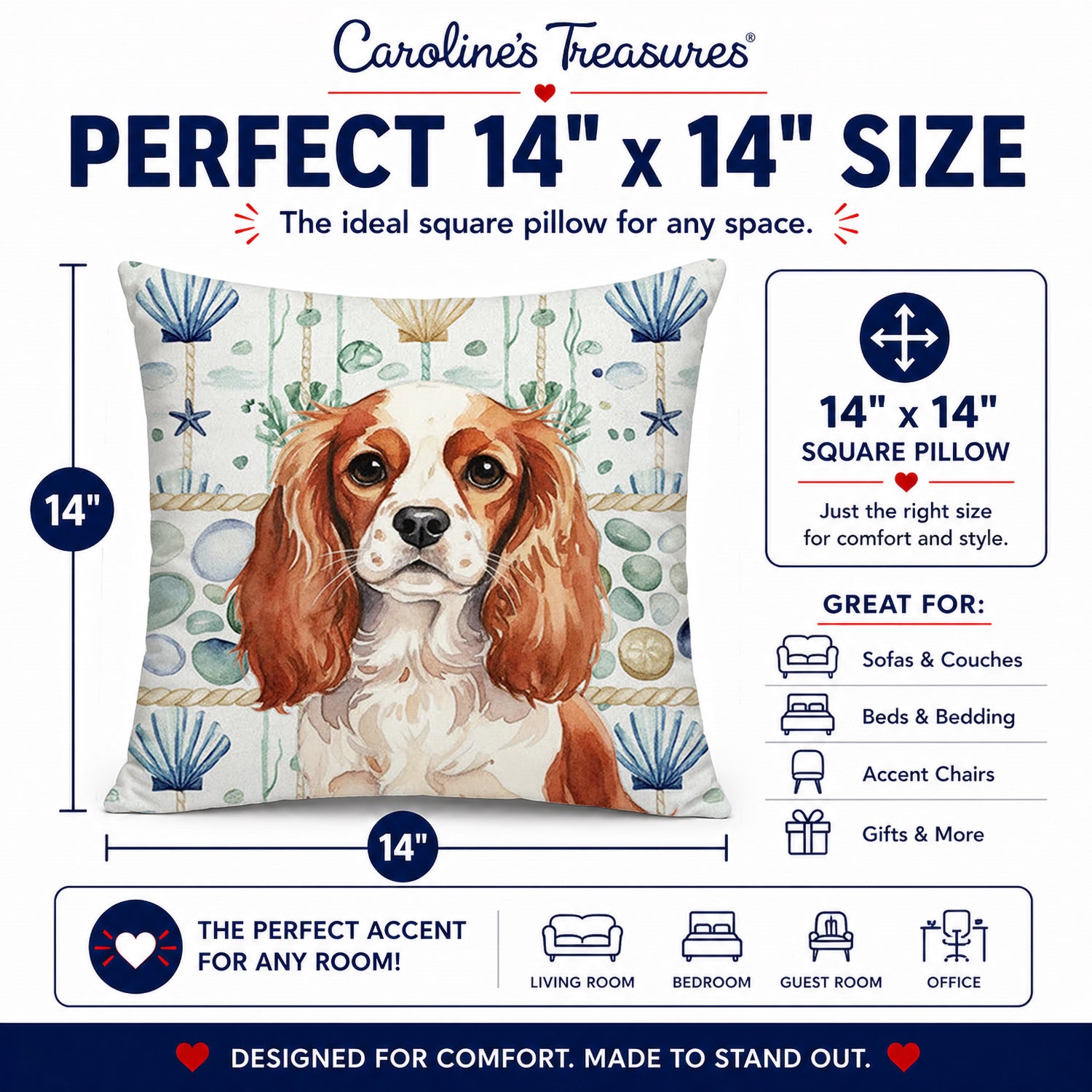 Blenheim English Toy Spaniel Coastal Sea Glass Decorative Throw Pillow 14x14 Indoor Outdoor Accent Cushion, Fabric Cover with Insert for Sofa, Bed, Porch & Living Room