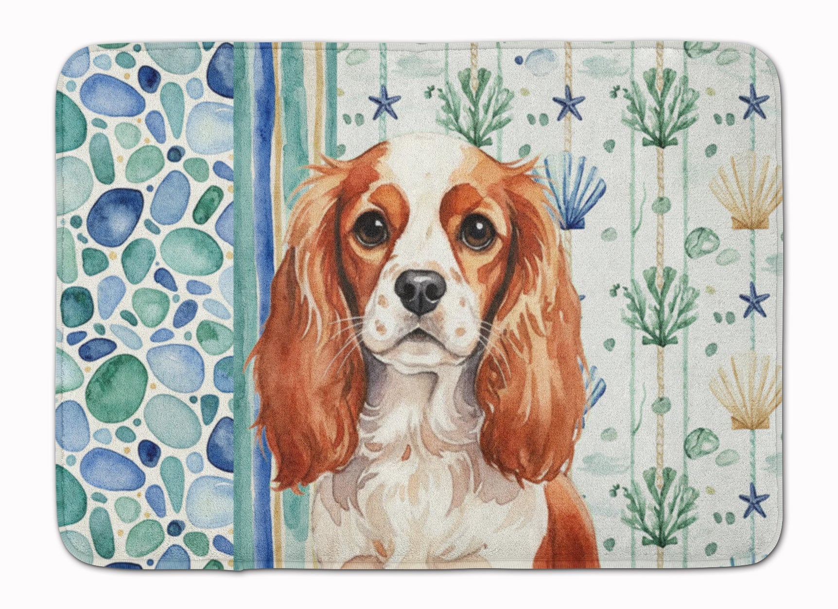 Blenheim English Toy Spaniel Coastal Sea Glass Memory Foam Kitchen Mat Machine Washable Anti-Fatigue Cushion Comfort Bath or Kitchen Rug