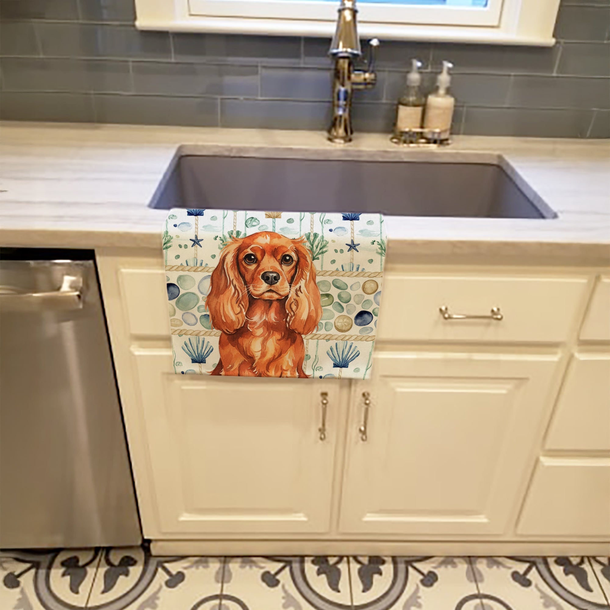 Ruby English Toy Spaniel Coastal Sea Glass Kitchen Towel Velour Plush Front and Cotton Loop Back Machine Washable