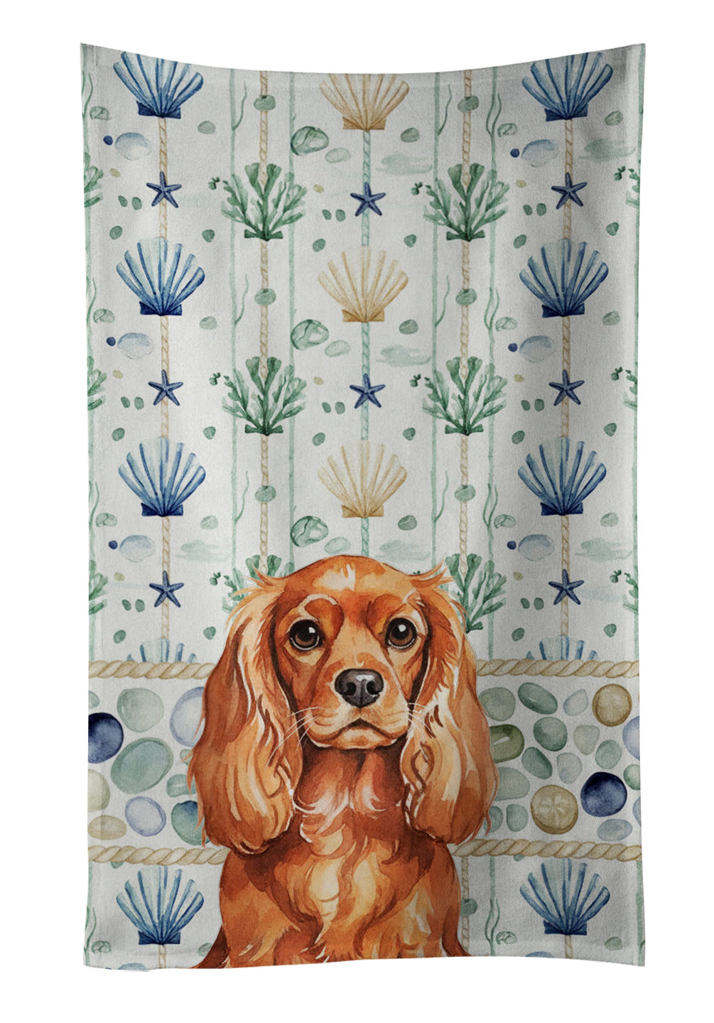 Ruby English Toy Spaniel Coastal Sea Glass Kitchen Towel Velour Plush Front and Cotton Loop Back Machine Washable