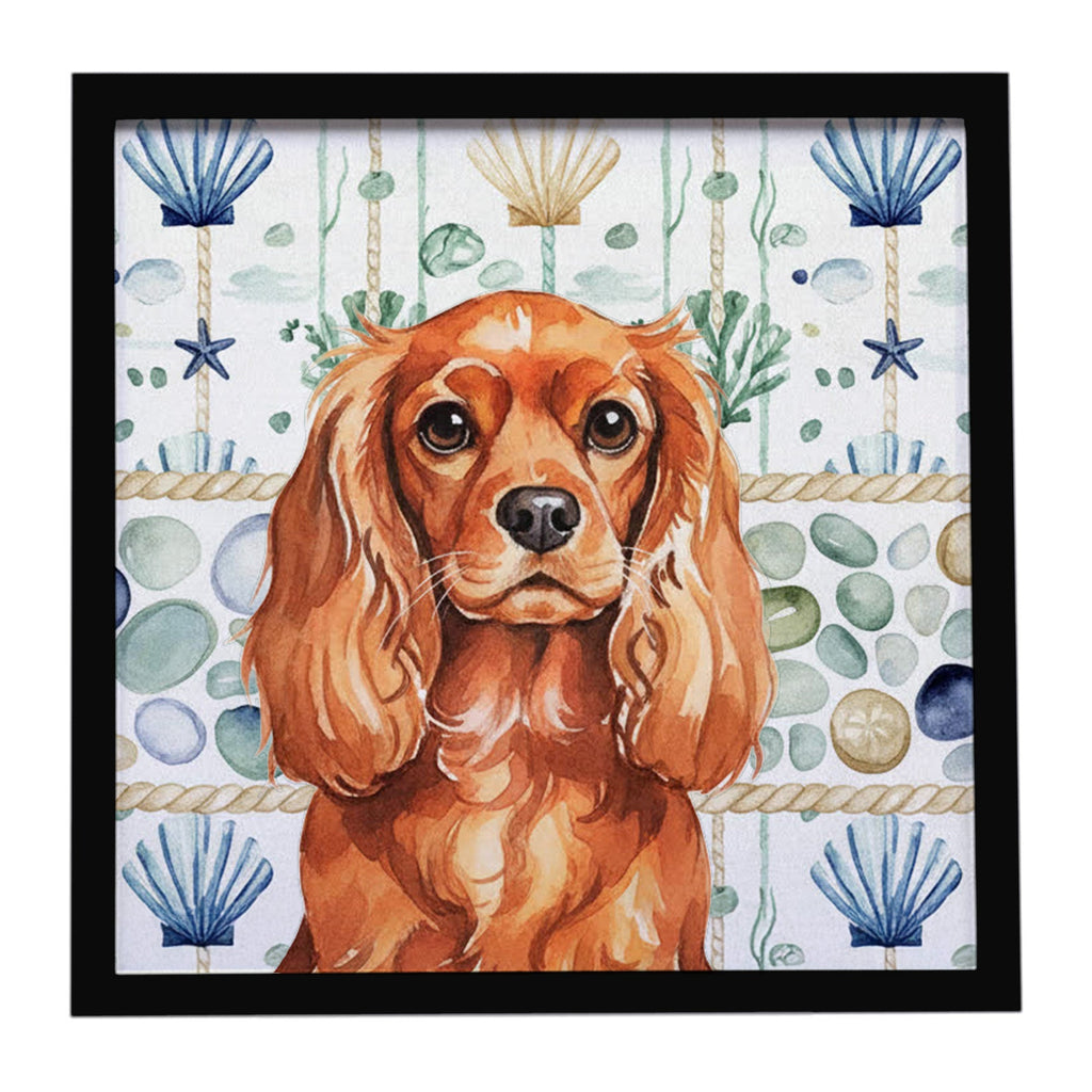 Ruby English Toy Spaniel Coastal Sea Glass Framed Metal Print Bathroom, Kitchen, Office, Home Decor Wall Art Ready to Hang, Square, 8X8