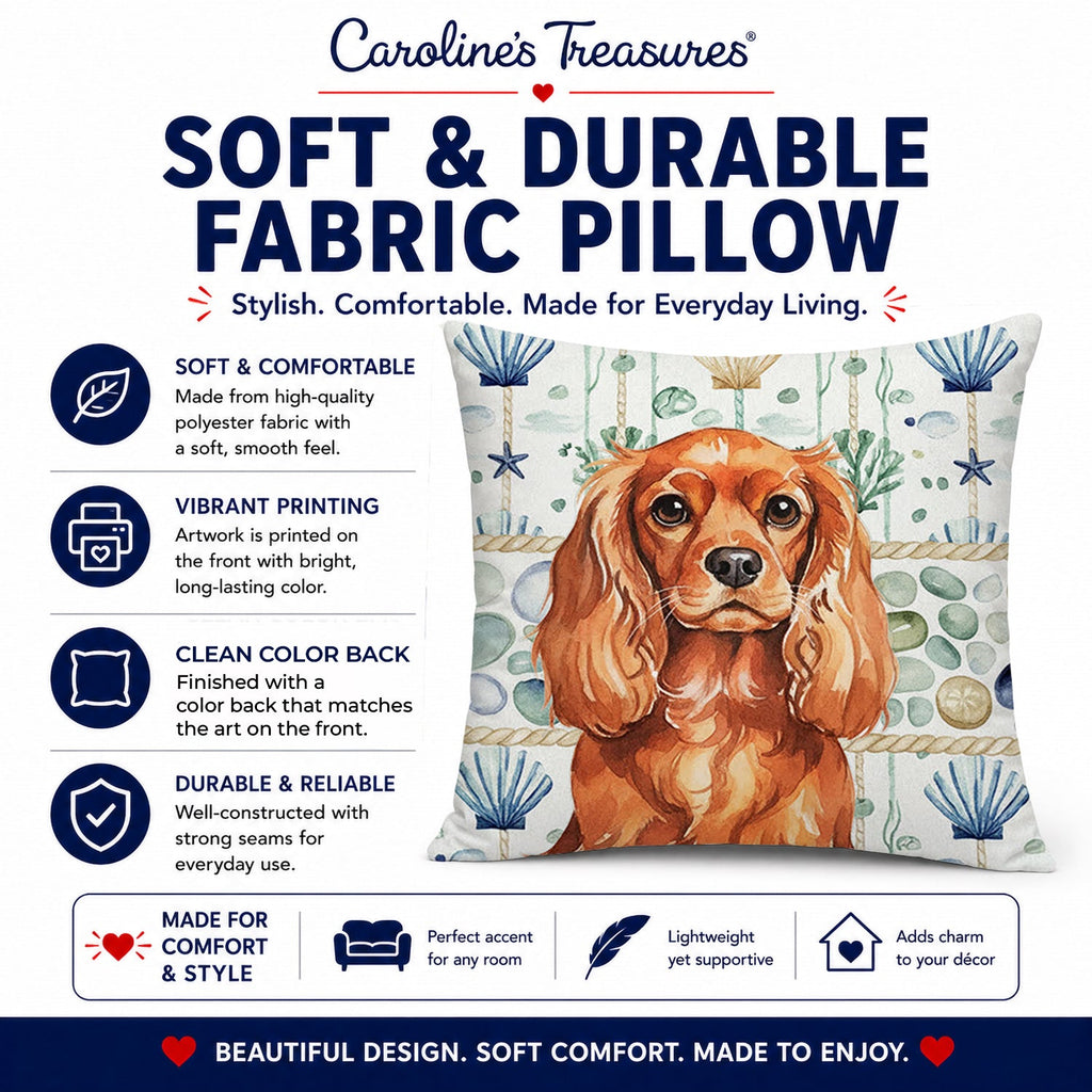 Ruby English Toy Spaniel Coastal Sea Glass Decorative Throw Pillow 14x14 Indoor Outdoor Accent Cushion, Fabric Cover with Insert for Sofa, Bed, Porch & Living Room
