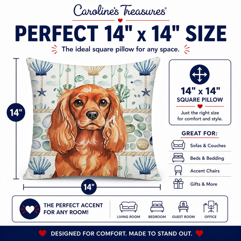 Ruby English Toy Spaniel Coastal Sea Glass Decorative Throw Pillow 14x14 Indoor Outdoor Accent Cushion, Fabric Cover with Insert for Sofa, Bed, Porch & Living Room