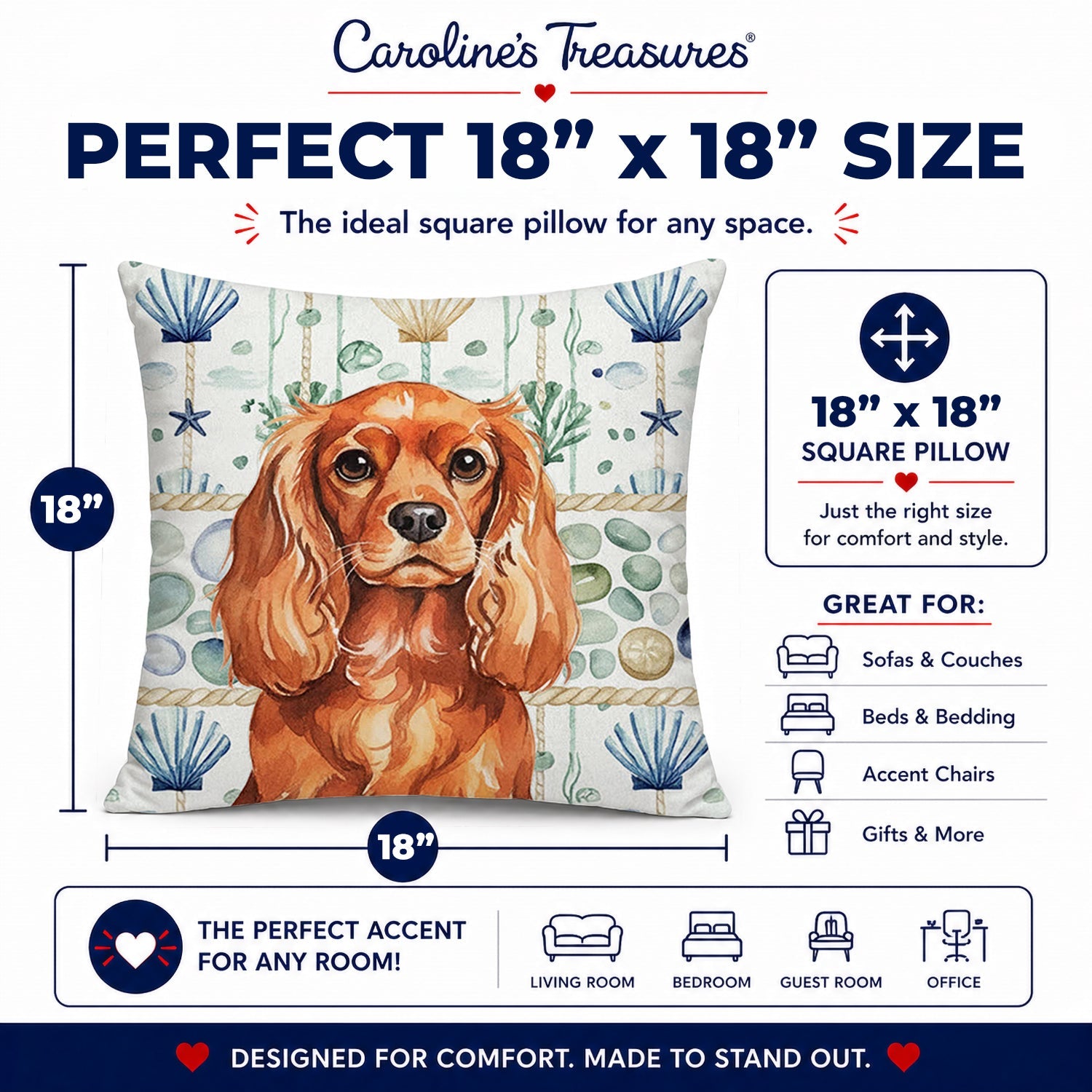 Ruby English Toy Spaniel Coastal Sea Glass Decorative Throw Pillow 18x18 Indoor Outdoor Accent Cushion, Fabric Cover with Insert for Sofa, Bed, Porch & Living Room