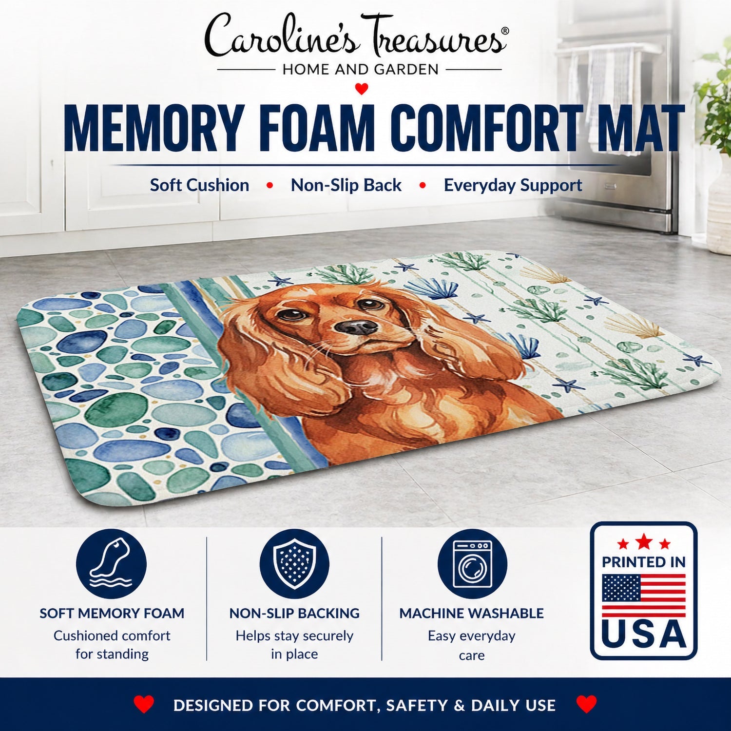 Ruby English Toy Spaniel Coastal Sea Glass Memory Foam Kitchen Mat Machine Washable Anti-Fatigue Cushion Comfort Bath or Kitchen Rug