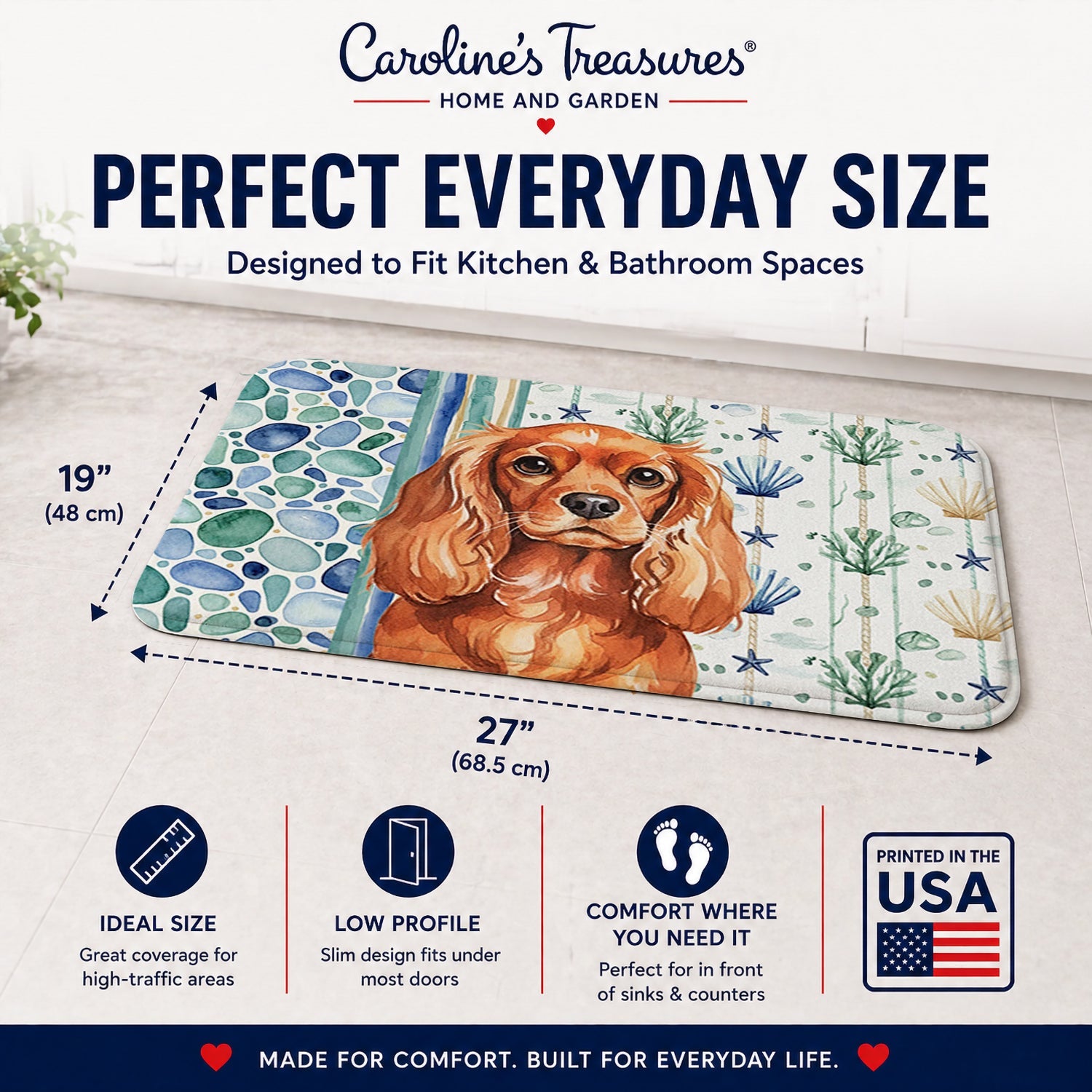 Ruby English Toy Spaniel Coastal Sea Glass Memory Foam Kitchen Mat Machine Washable Anti-Fatigue Cushion Comfort Bath or Kitchen Rug