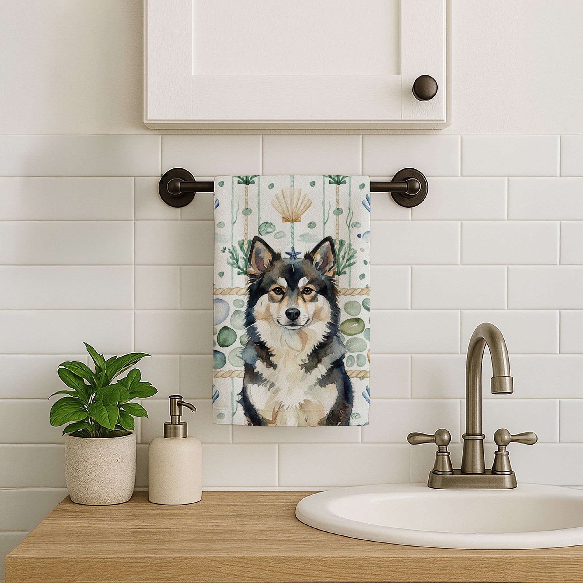 Finnish Lapphund Coastal Sea Glass Kitchen Towel Velour Plush Front and Cotton Loop Back Machine Washable