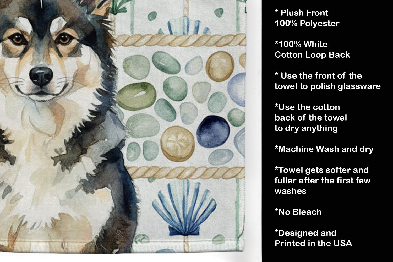 Finnish Lapphund Coastal Sea Glass Kitchen Towel Velour Plush Front and Cotton Loop Back Machine Washable