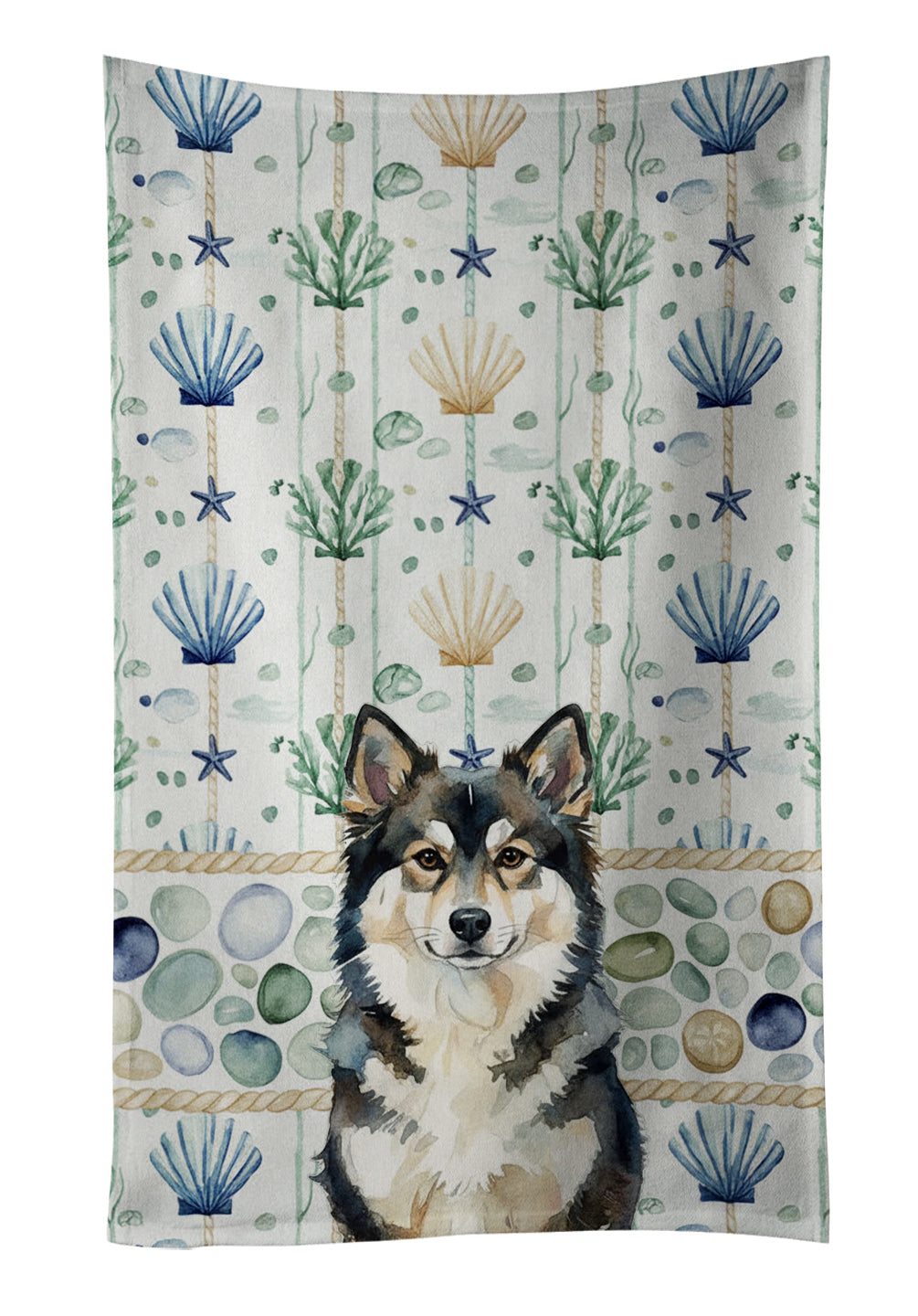 Finnish Lapphund Coastal Sea Glass Kitchen Towel Velour Plush Front and Cotton Loop Back Machine Washable