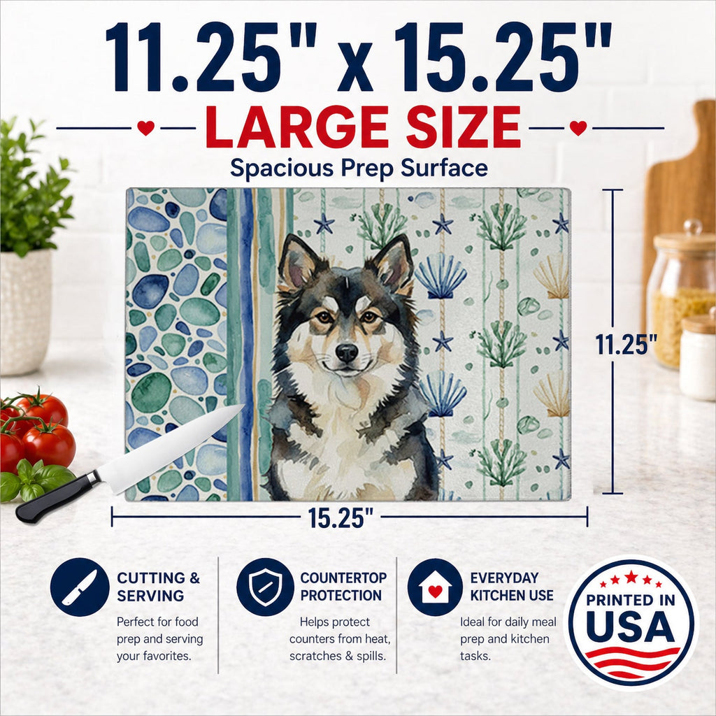 Finnish Lapphund Coastal Sea Glass Cutting Board Tempered Glass Kitchen Cutting Surface, Heat Resistant Chopping, Non-Slip Feet, Food Prep & Serving