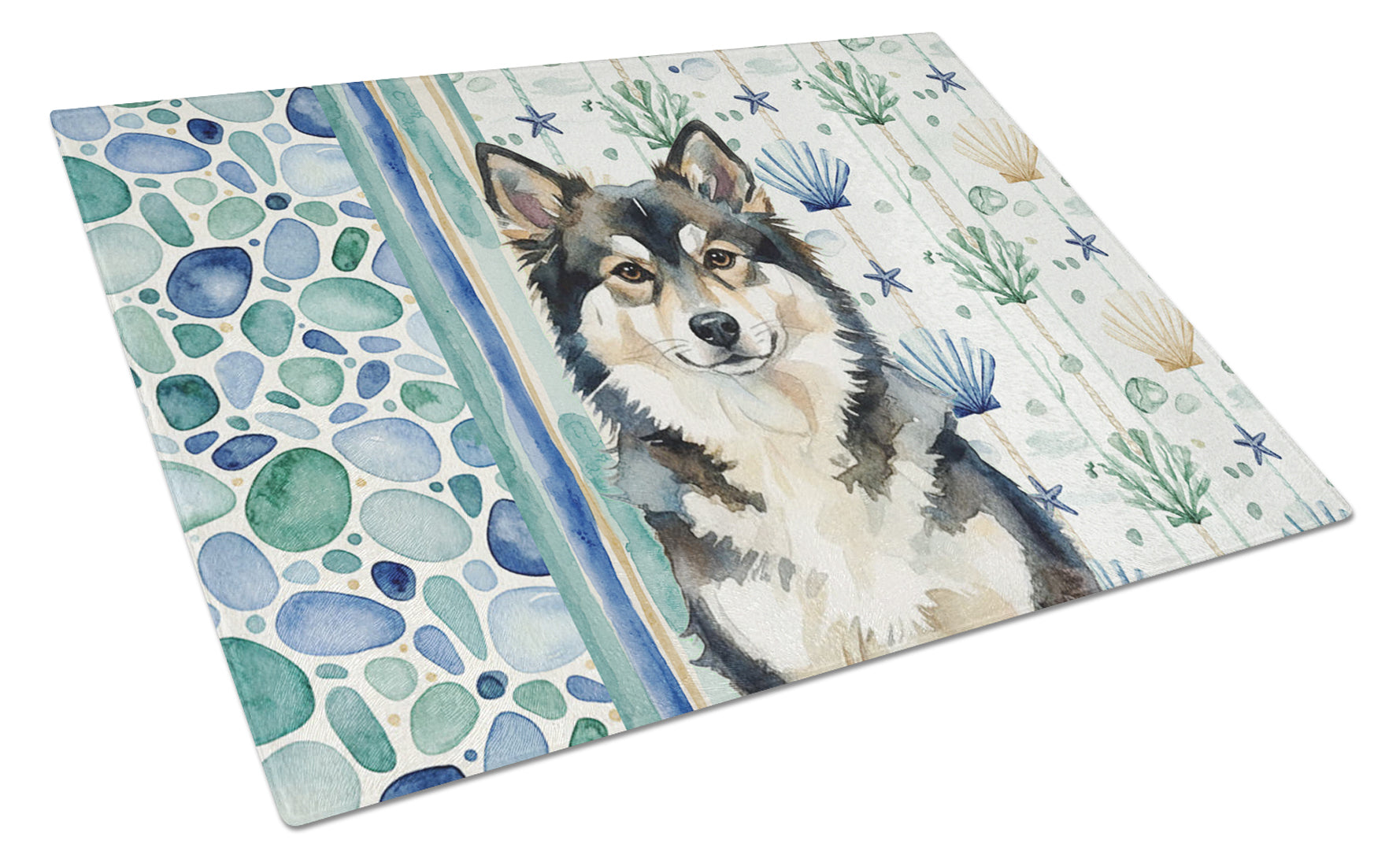 Finnish Lapphund Coastal Sea Glass Cutting Board Tempered Glass Kitchen Cutting Surface, Heat Resistant Chopping, Non-Slip Feet, Food Prep & Serving