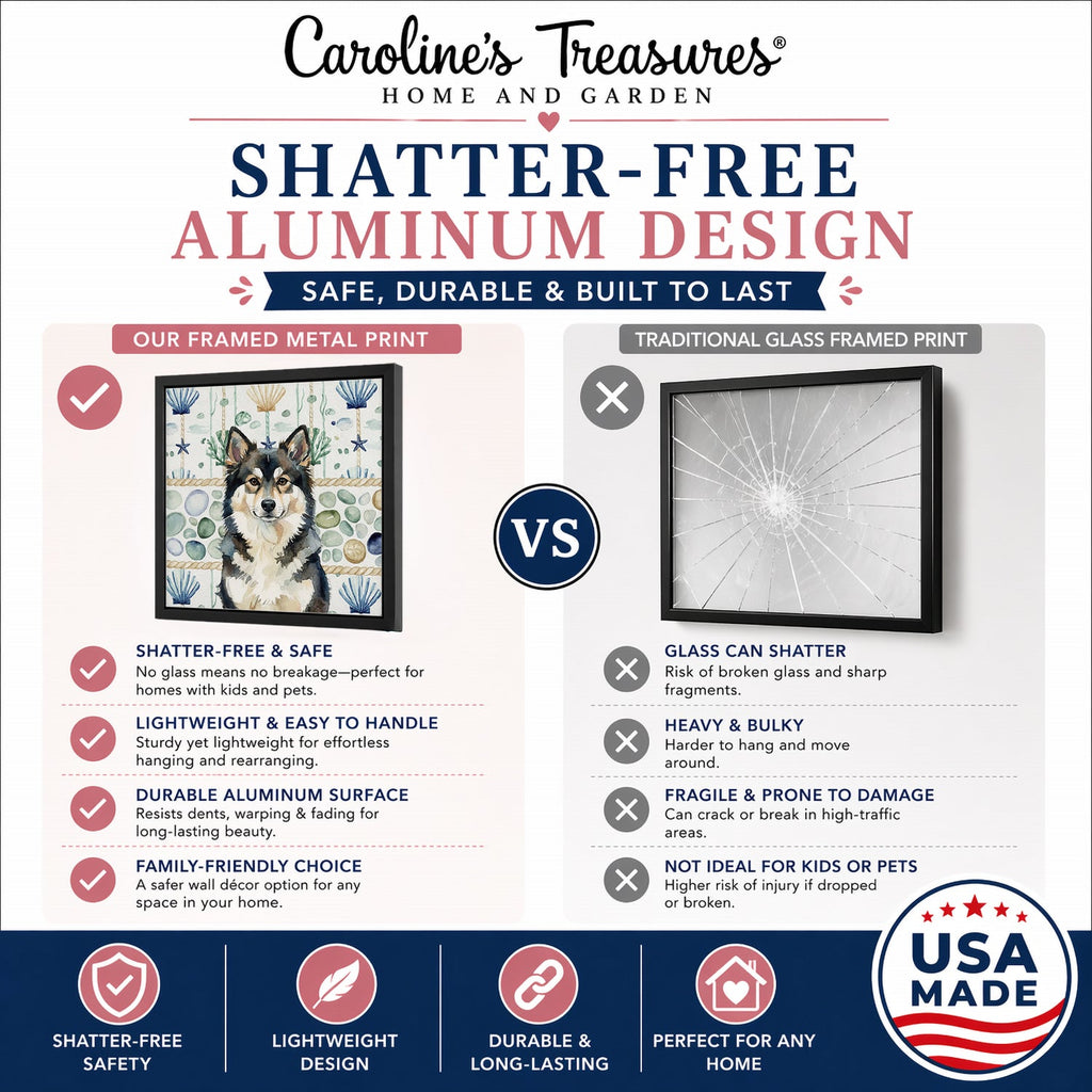 Finnish Lapphund Coastal Sea Glass Framed Metal Print Bathroom, Kitchen, Office, Home Decor Wall Art Ready to Hang, Square, 8X8