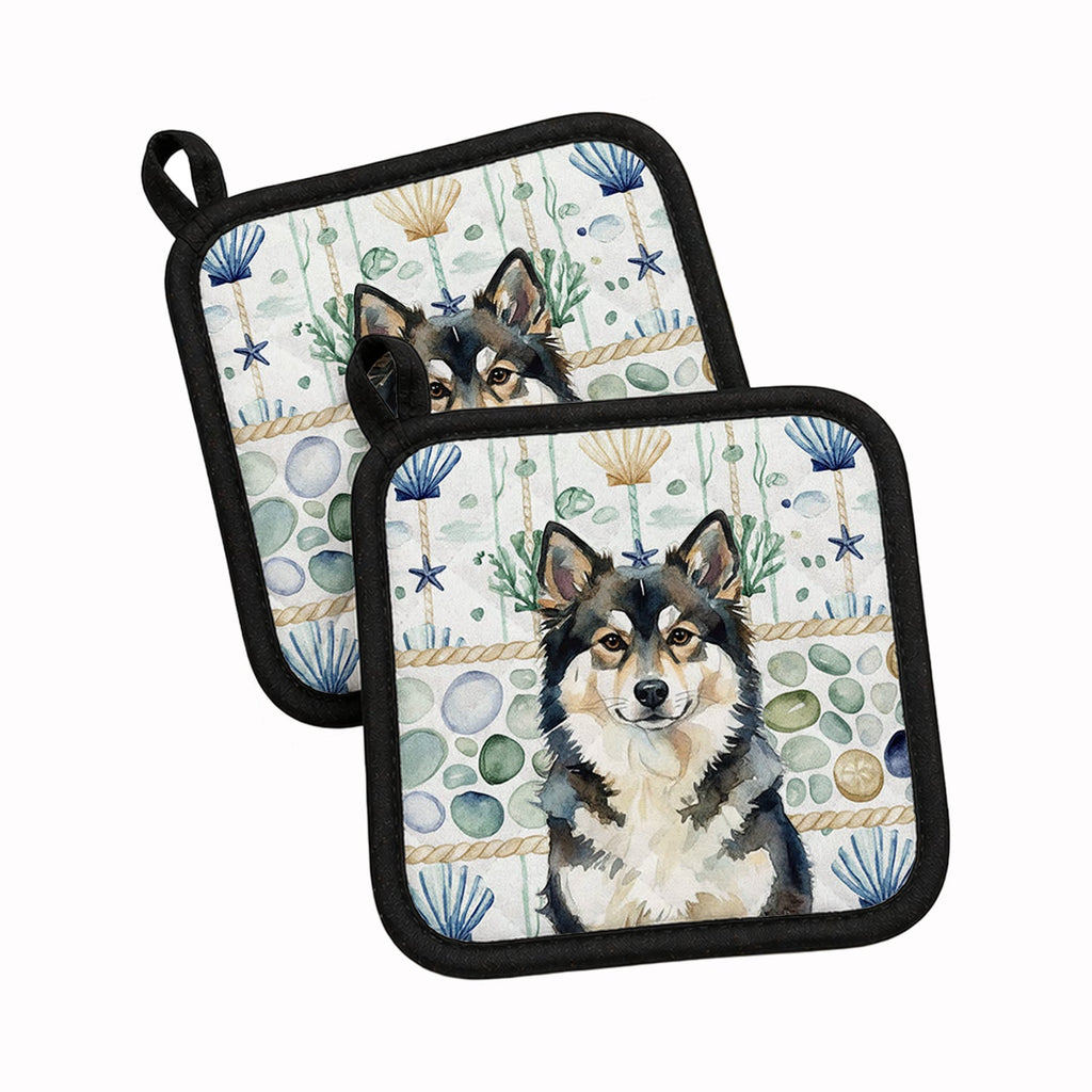 Finnish Lapphund Coastal Sea Glass Pot Holder Set of 2 Heat Resistant Quilted Hot Pads 7.5 x 7.5 Inch, Insulated Kitchen Trivets for Cooking & Baking