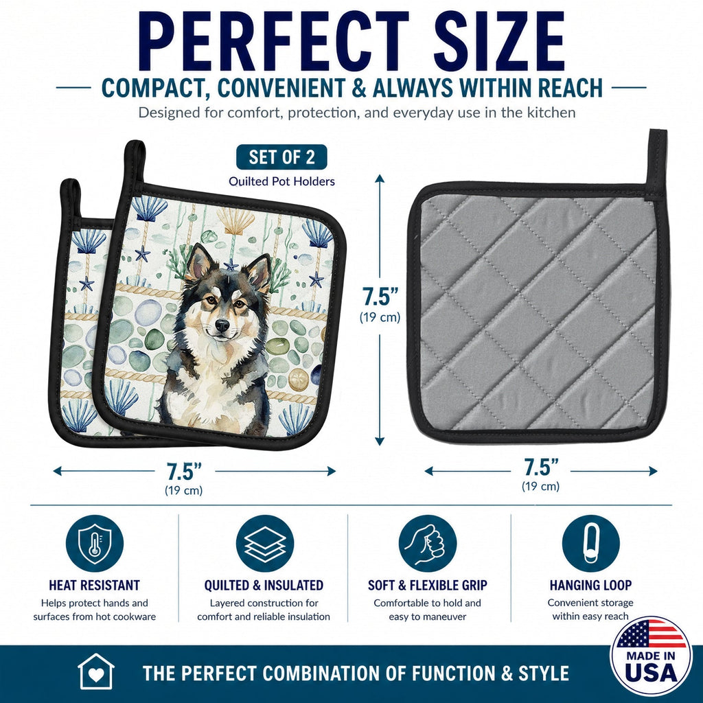 Finnish Lapphund Coastal Sea Glass Pot Holder Set of 2 Heat Resistant Quilted Hot Pads 7.5 x 7.5 Inch, Insulated Kitchen Trivets for Cooking & Baking