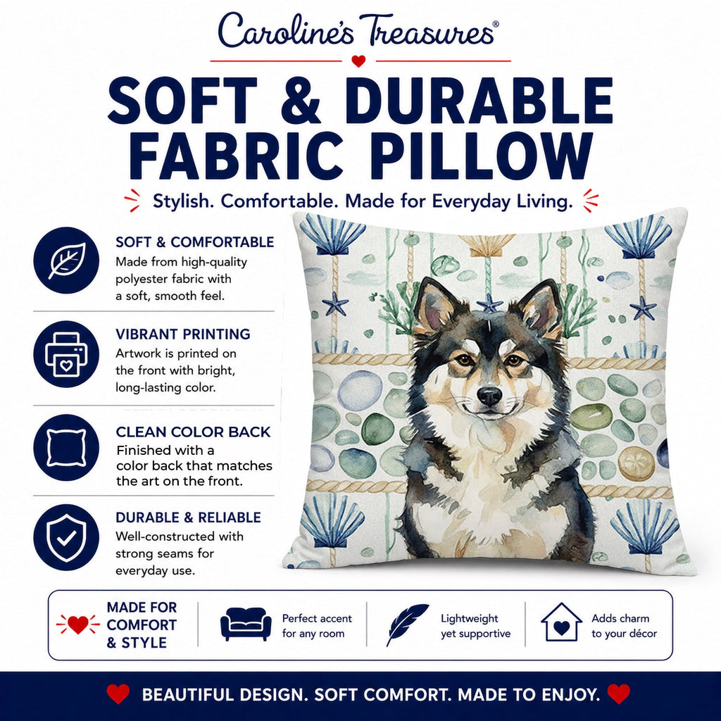 Finnish Lapphund Coastal Sea Glass Decorative Throw Pillow 14x14 Indoor Outdoor Accent Cushion, Fabric Cover with Insert for Sofa, Bed, Porch & Living Room