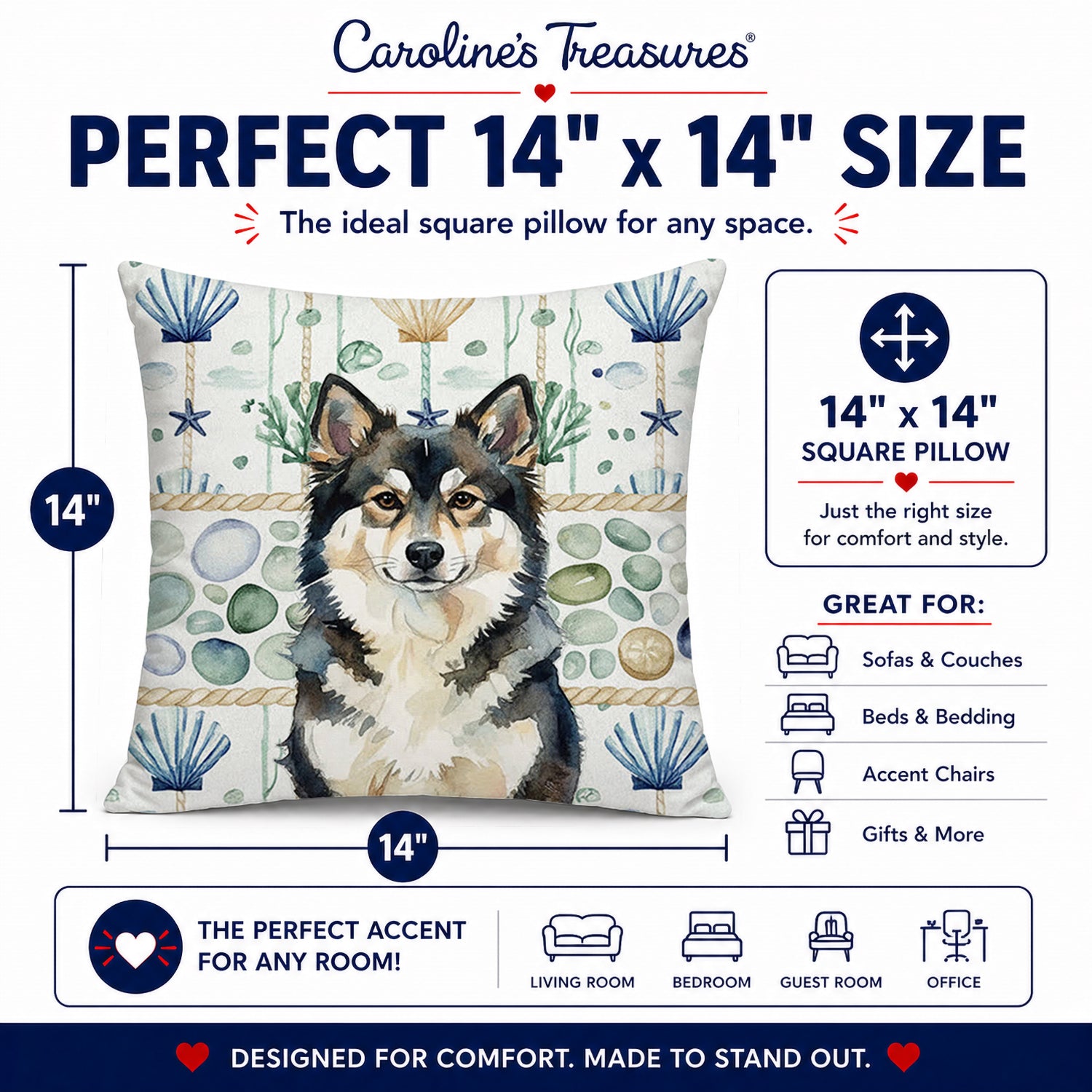 Finnish Lapphund Coastal Sea Glass Decorative Throw Pillow 14x14 Indoor Outdoor Accent Cushion, Fabric Cover with Insert for Sofa, Bed, Porch & Living Room