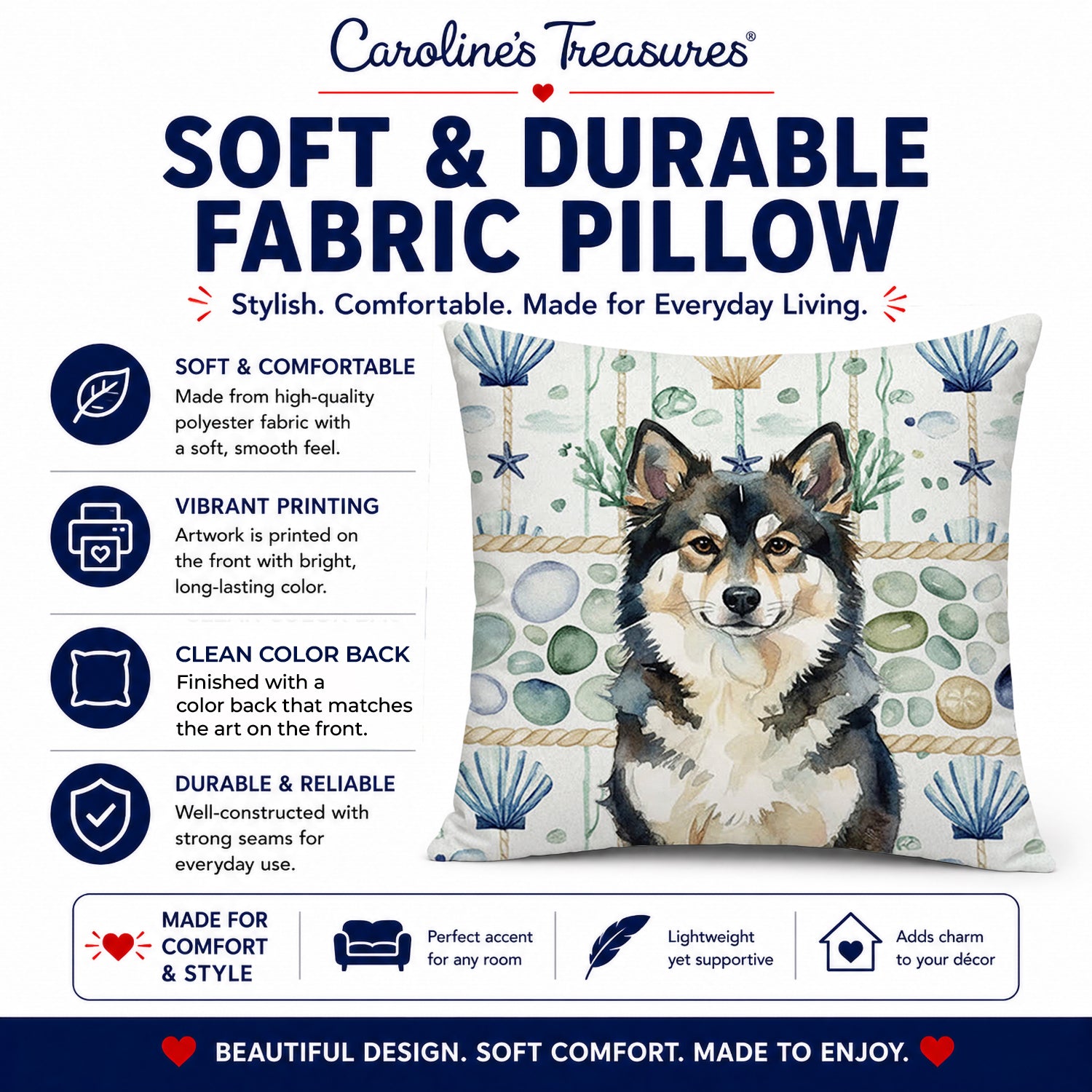 Finnish Lapphund Coastal Sea Glass Decorative Throw Pillow 18x18 Indoor Outdoor Accent Cushion, Fabric Cover with Insert for Sofa, Bed, Porch & Living Room