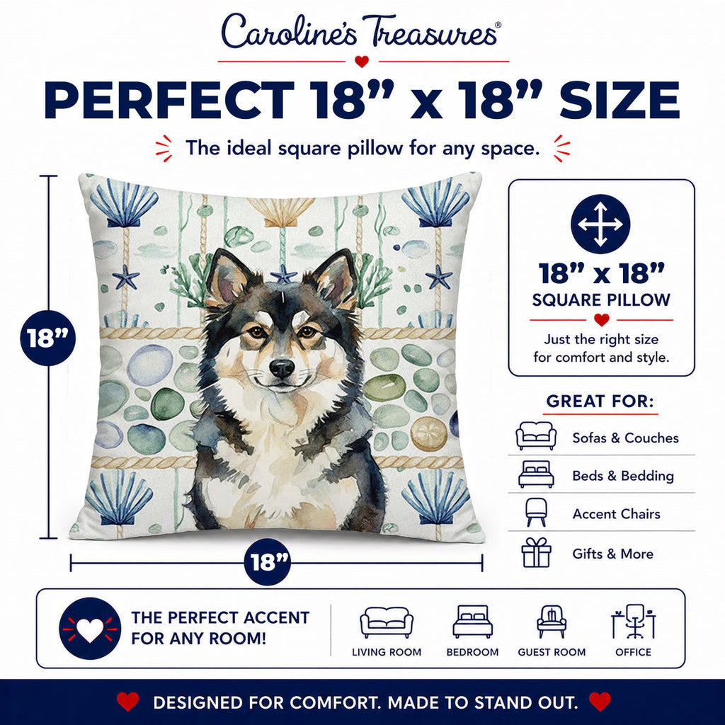 Finnish Lapphund Coastal Sea Glass Decorative Throw Pillow 18x18 Indoor Outdoor Accent Cushion, Fabric Cover with Insert for Sofa, Bed, Porch & Living Room