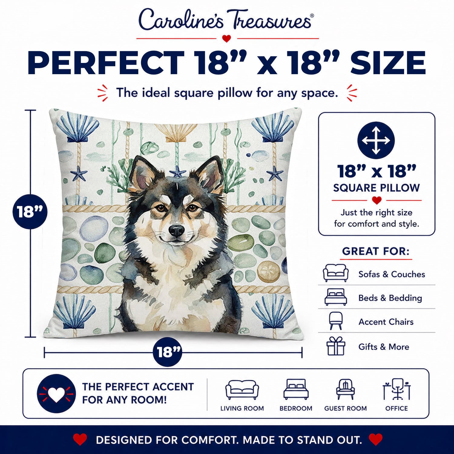 Finnish Lapphund Coastal Sea Glass Decorative Throw Pillow 18x18 Indoor Outdoor Accent Cushion, Fabric Cover with Insert for Sofa, Bed, Porch & Living Room