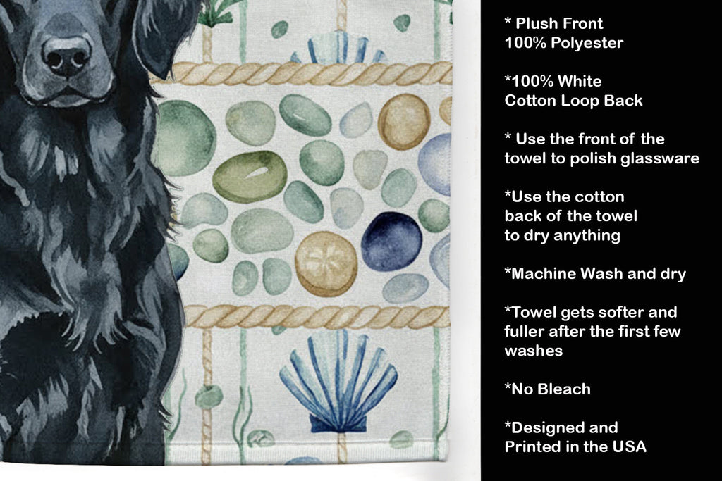 Black Flat-Coated Retriever Coastal Sea Glass Kitchen Towel Velour Plush Front and Cotton Loop Back Machine Washable