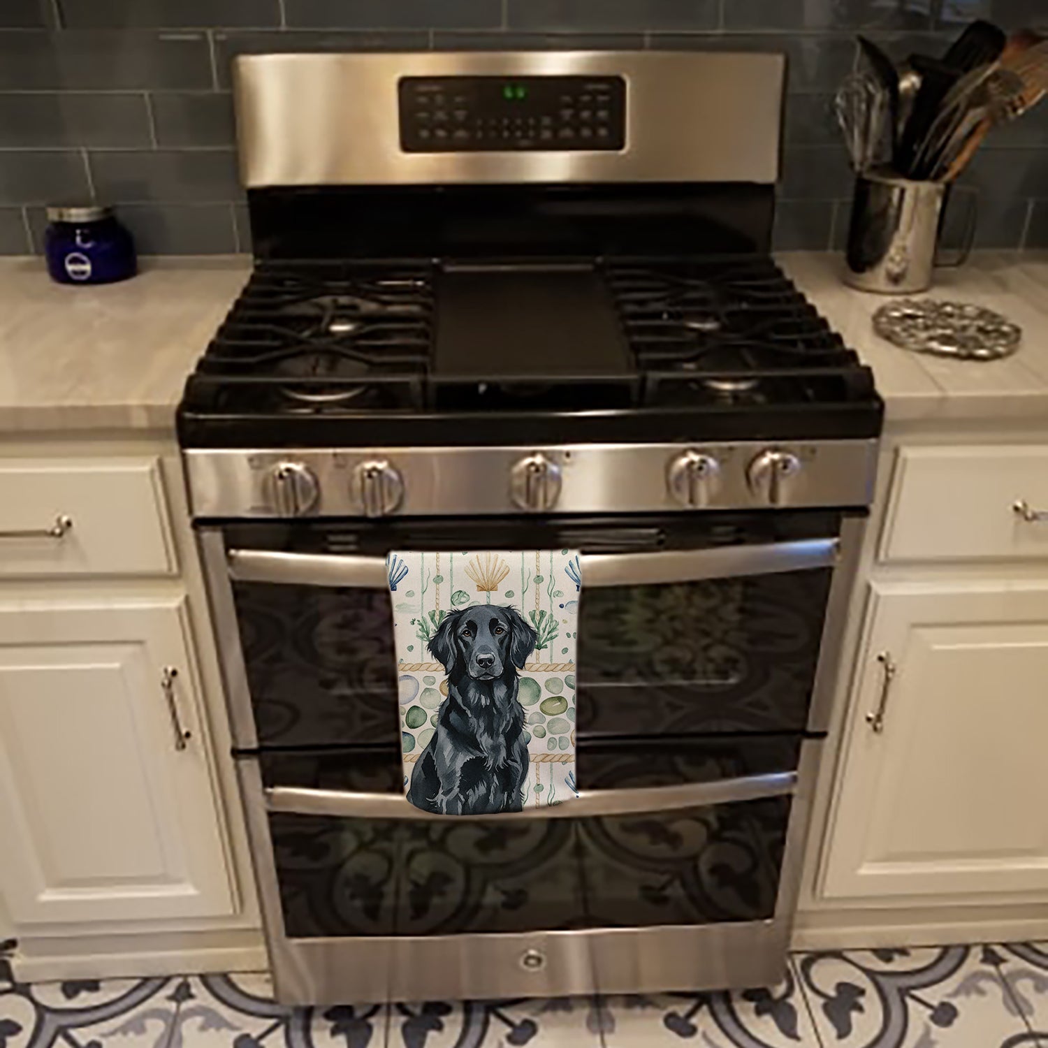 Black Flat-Coated Retriever Coastal Sea Glass Kitchen Towel Velour Plush Front and Cotton Loop Back Machine Washable