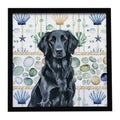 Black Flat-Coated Retriever Coastal Sea Glass Framed Metal Print Bathroom, Kitchen, Office, Home Decor Wall Art Ready to Hang, Square, 8X8