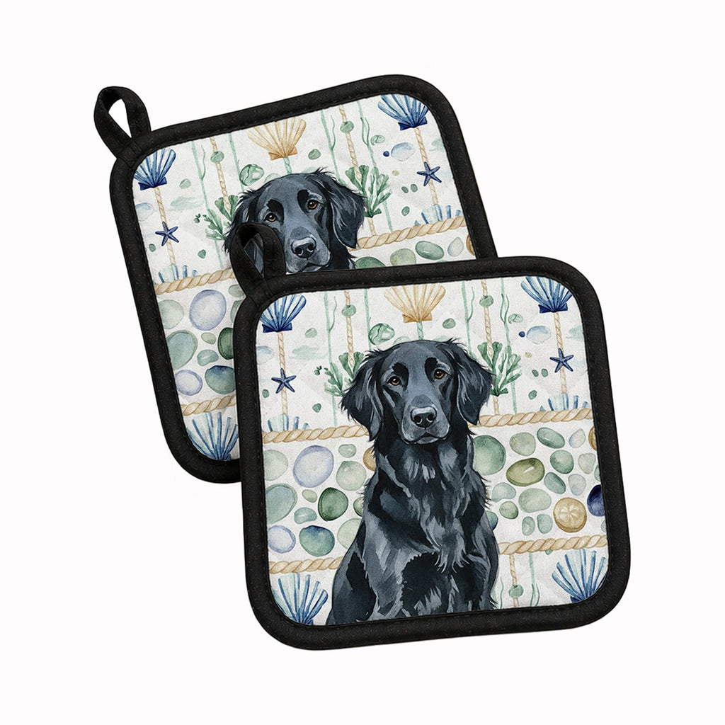 Black Flat-Coated Retriever Coastal Sea Glass Pot Holder Set of 2 Heat Resistant Quilted Hot Pads 7.5 x 7.5 Inch, Insulated Kitchen Trivets for Cooking & Baking
